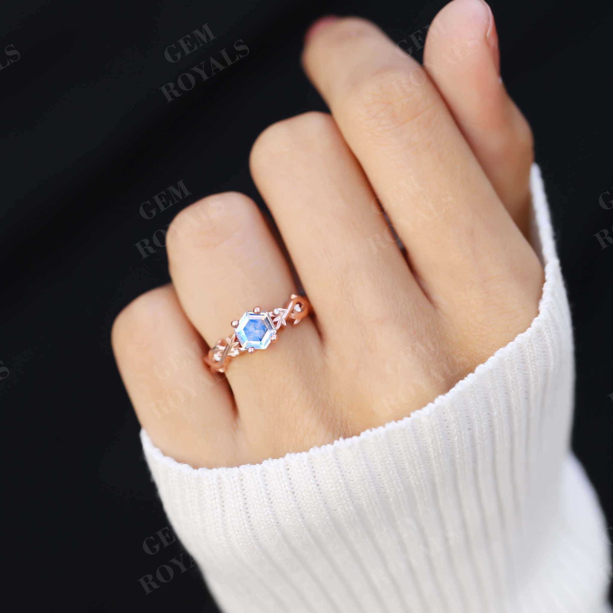 Nature Inspired Hexagon Rainbow Moonstone Engagement Ring