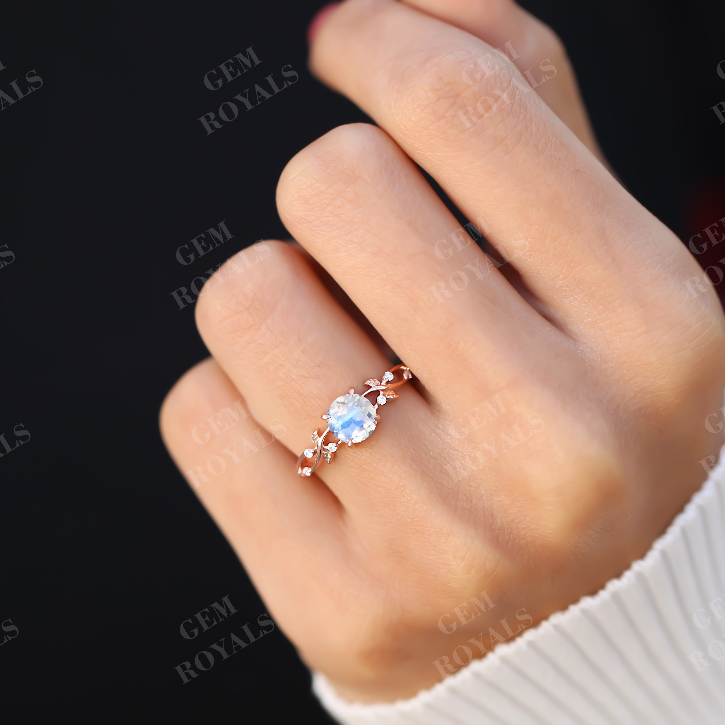 Nature Inspired Leaf Design Rainbow Moonstone Engagement Ring