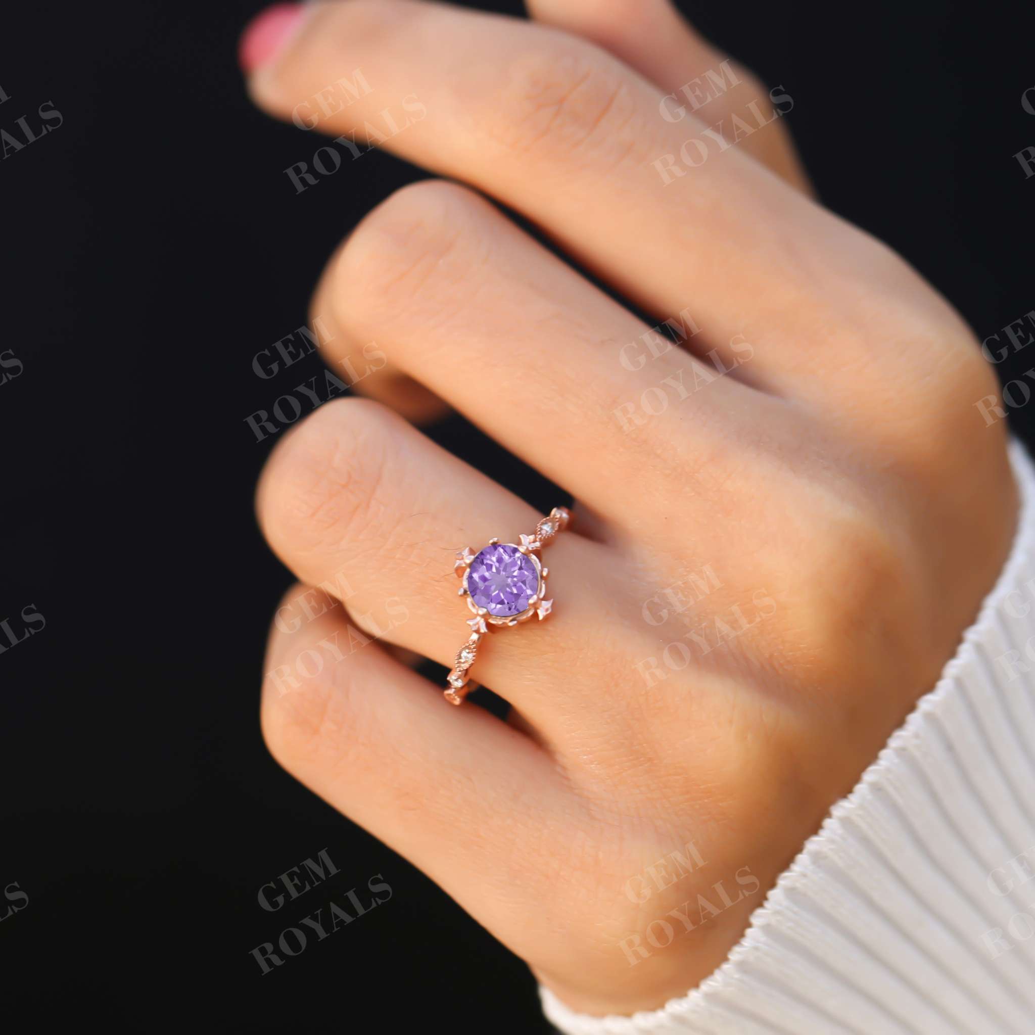 Dainty Round Natural Amethyst Engagement Ring