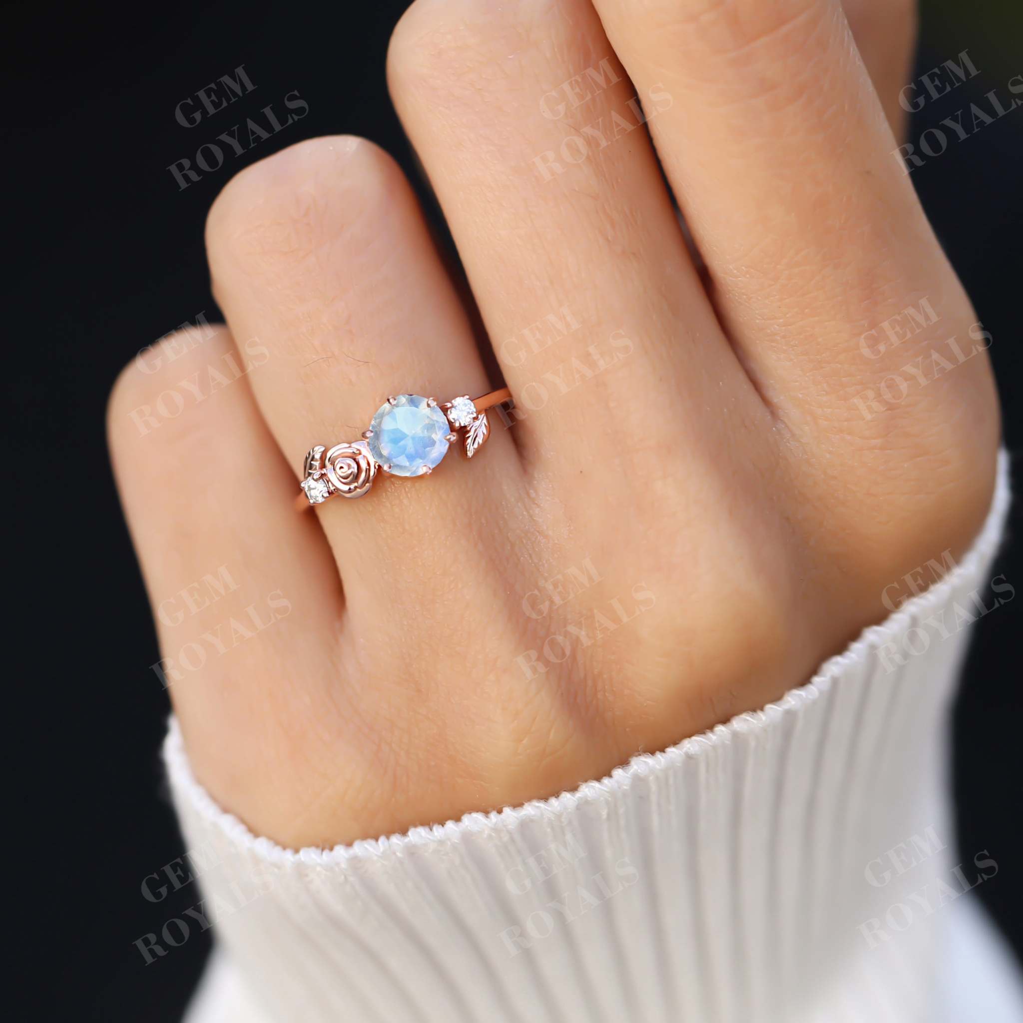 Dainty Flower Round Cut Moonstone Engagement Ring