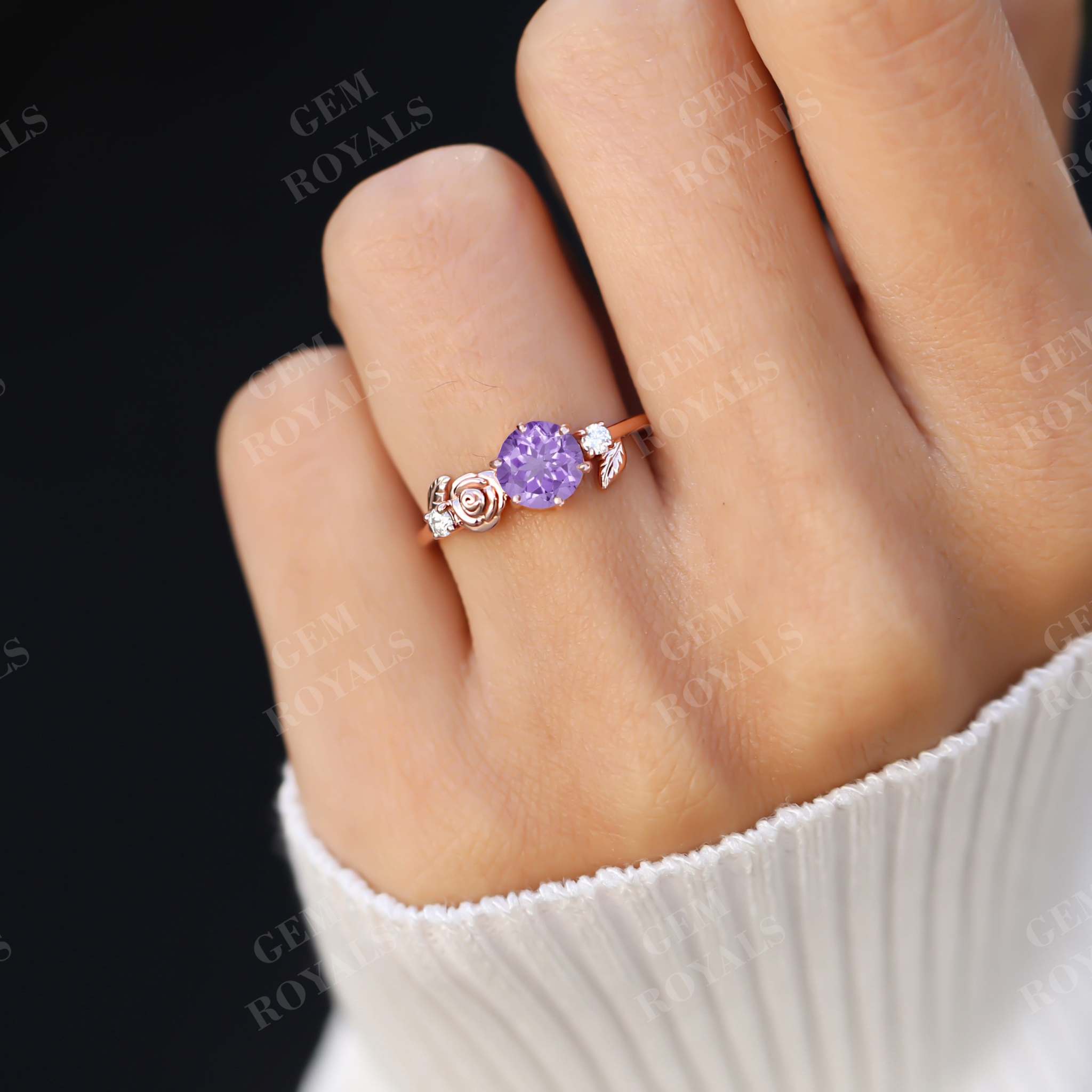 Dainty Flower Round Natural Amethyst Engagement Ring