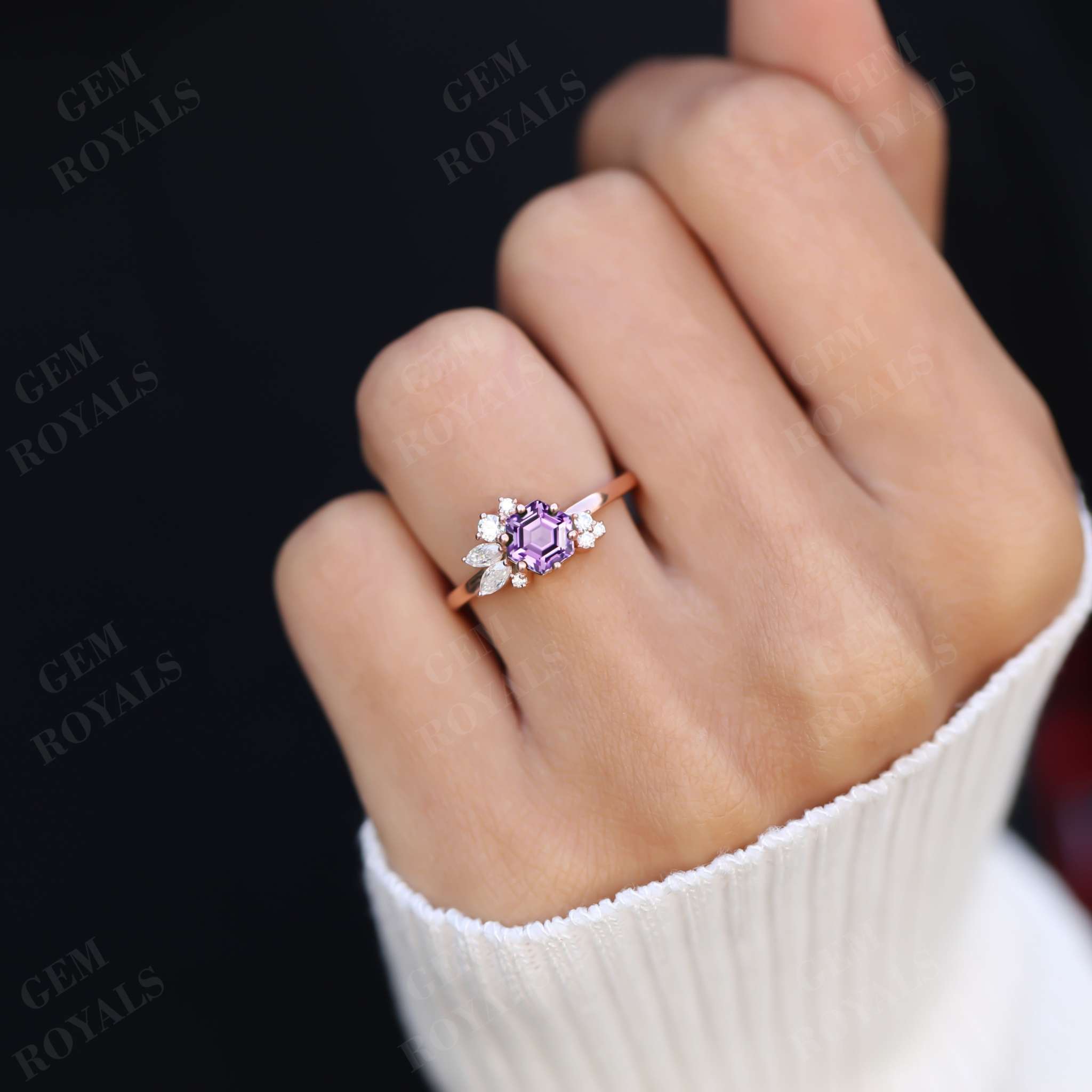 Vintage Hexagon Cut Natural Amethyst Engagement Ring