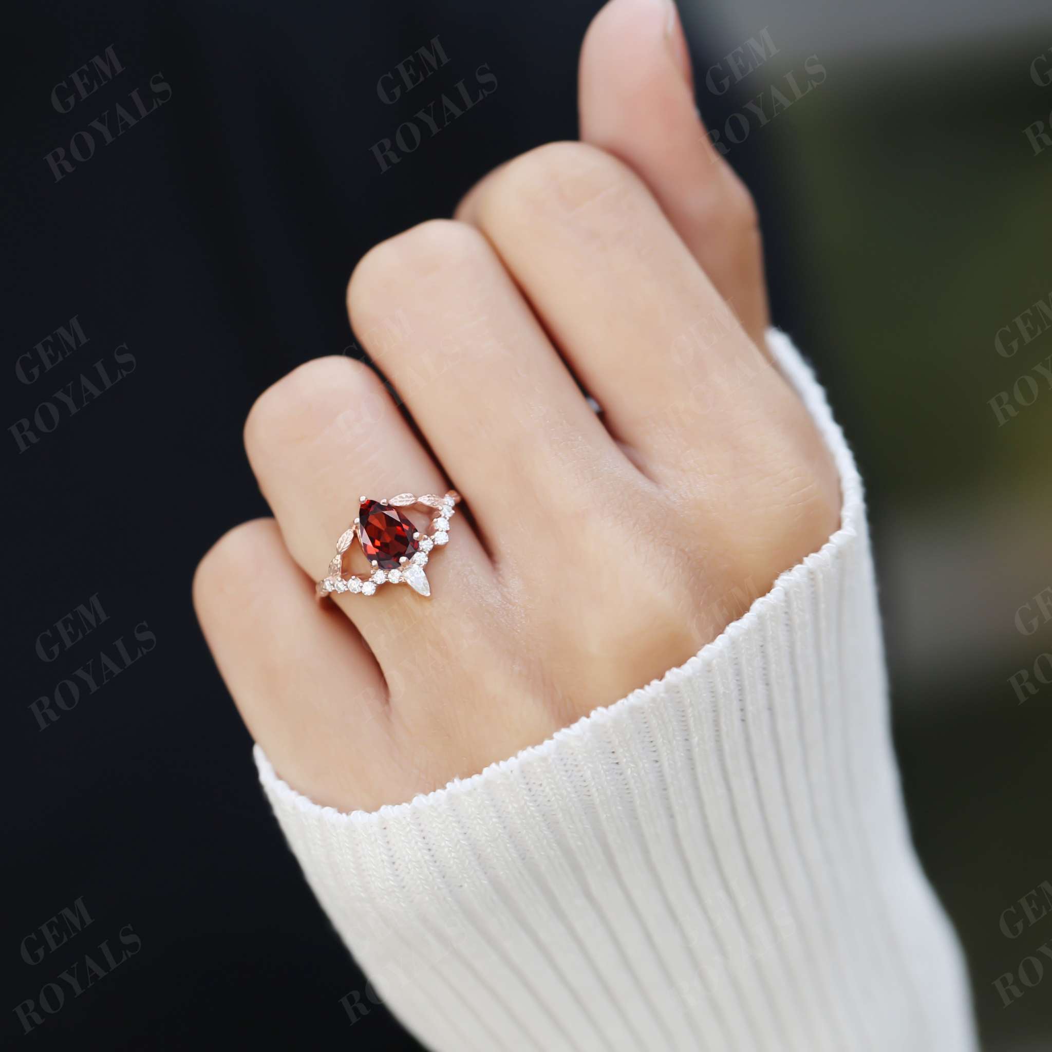 Nature Inspired Pear Shaped Natural Garnet Engagement Ring