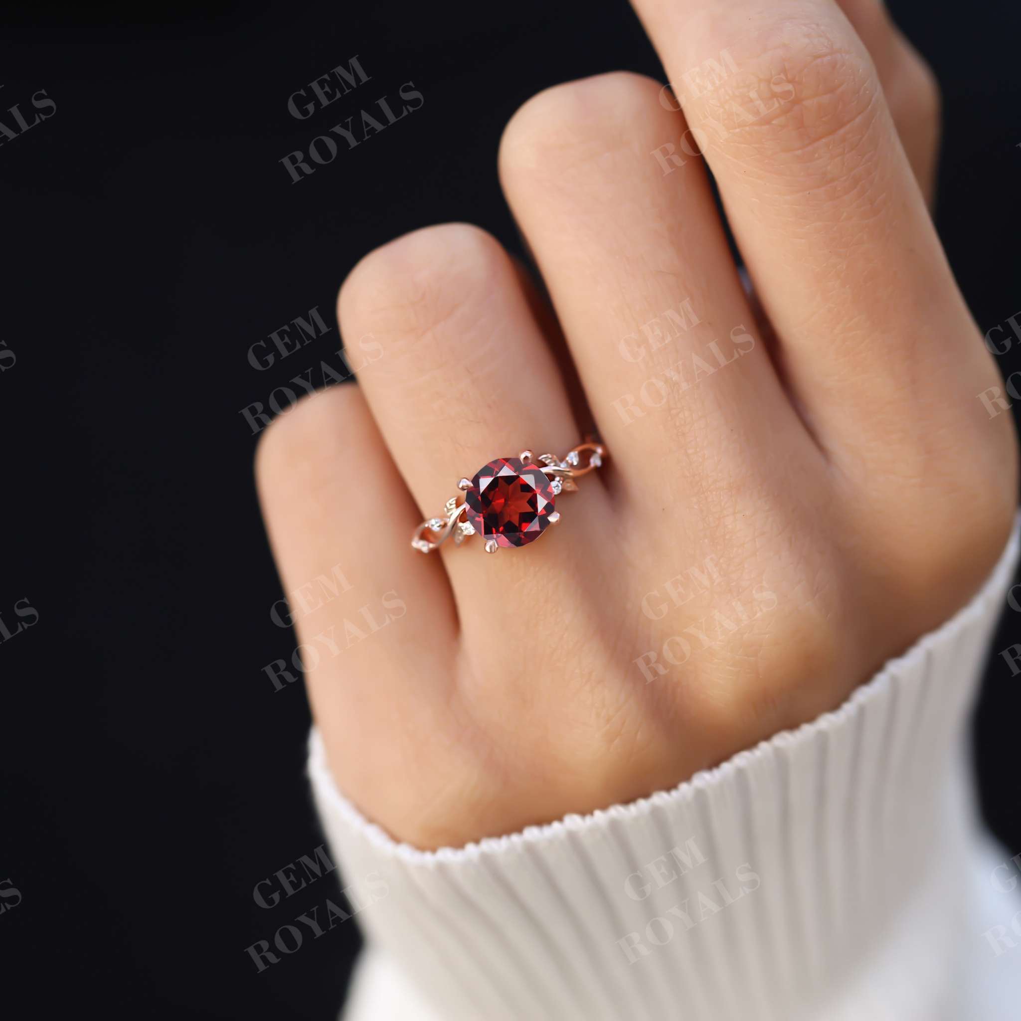 Dainty Nature Inspired Round Natural Garnet Engagement Ring