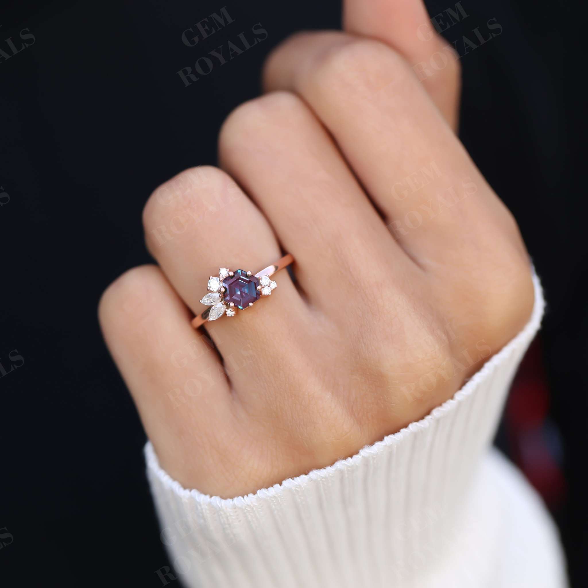 Unique Cluster Hexagon Cut Alexandrite Engagement Ring