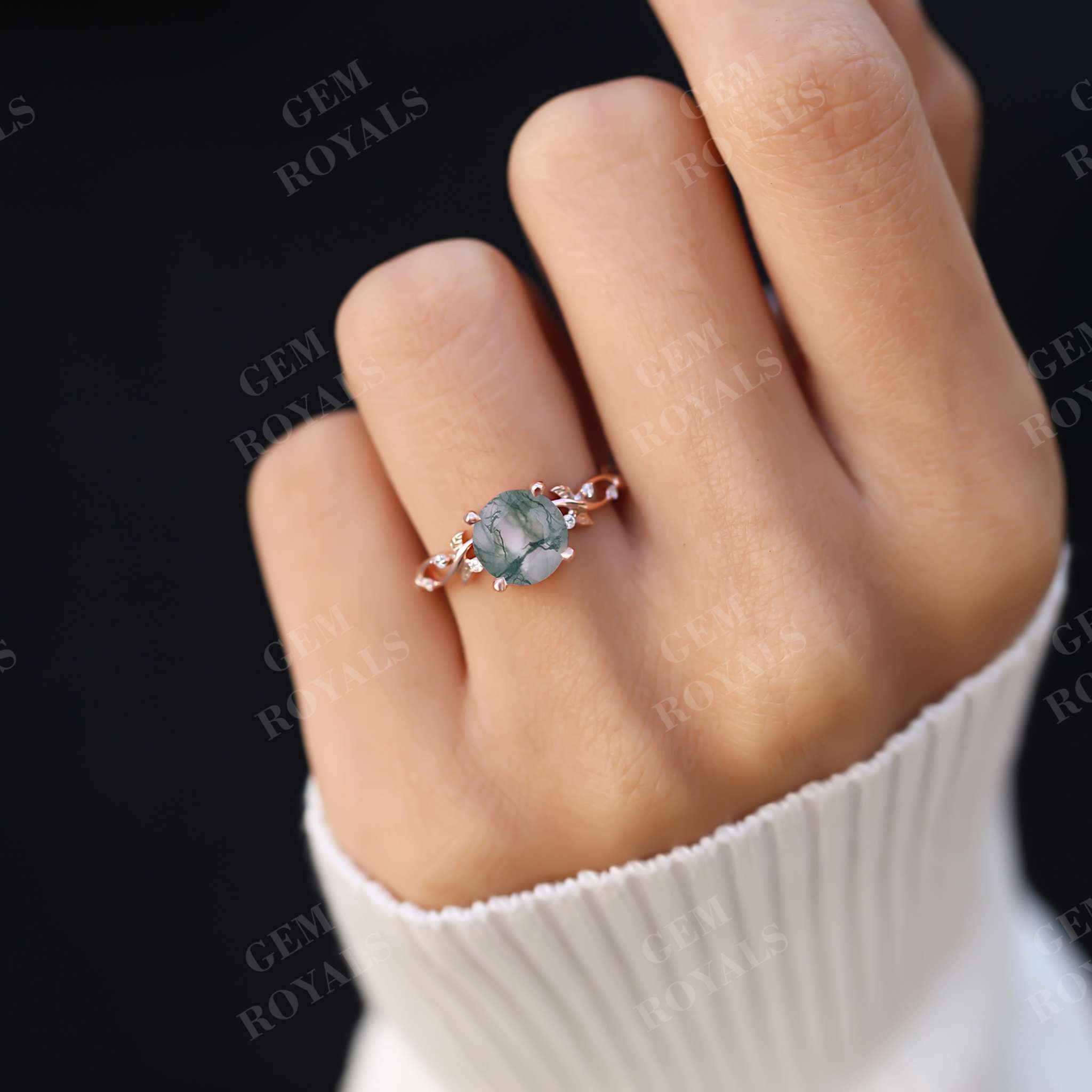 Natural Inspired Round Moss Agate Engagement Ring