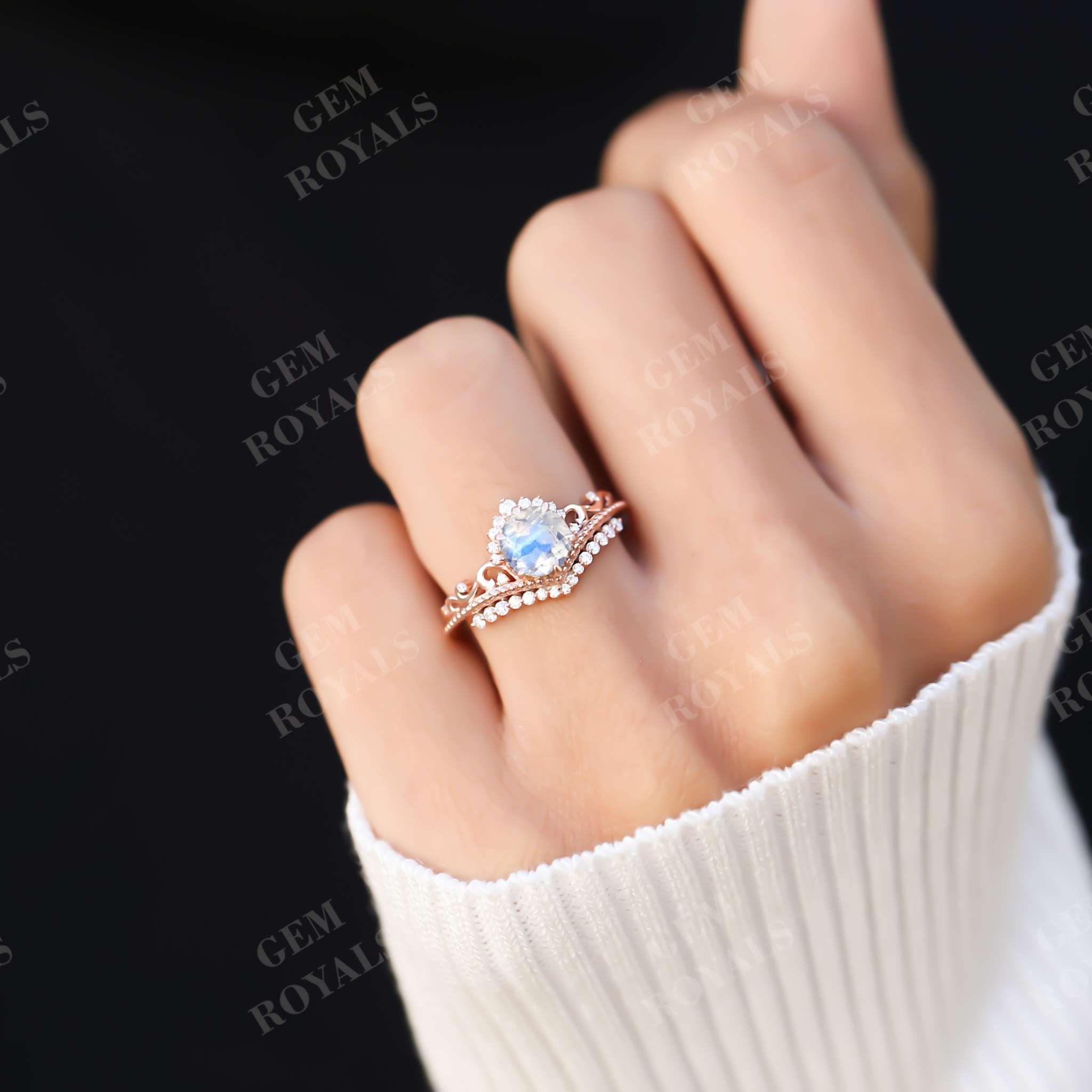 Vintage Style Unique Round Moonstone Engagement Ring