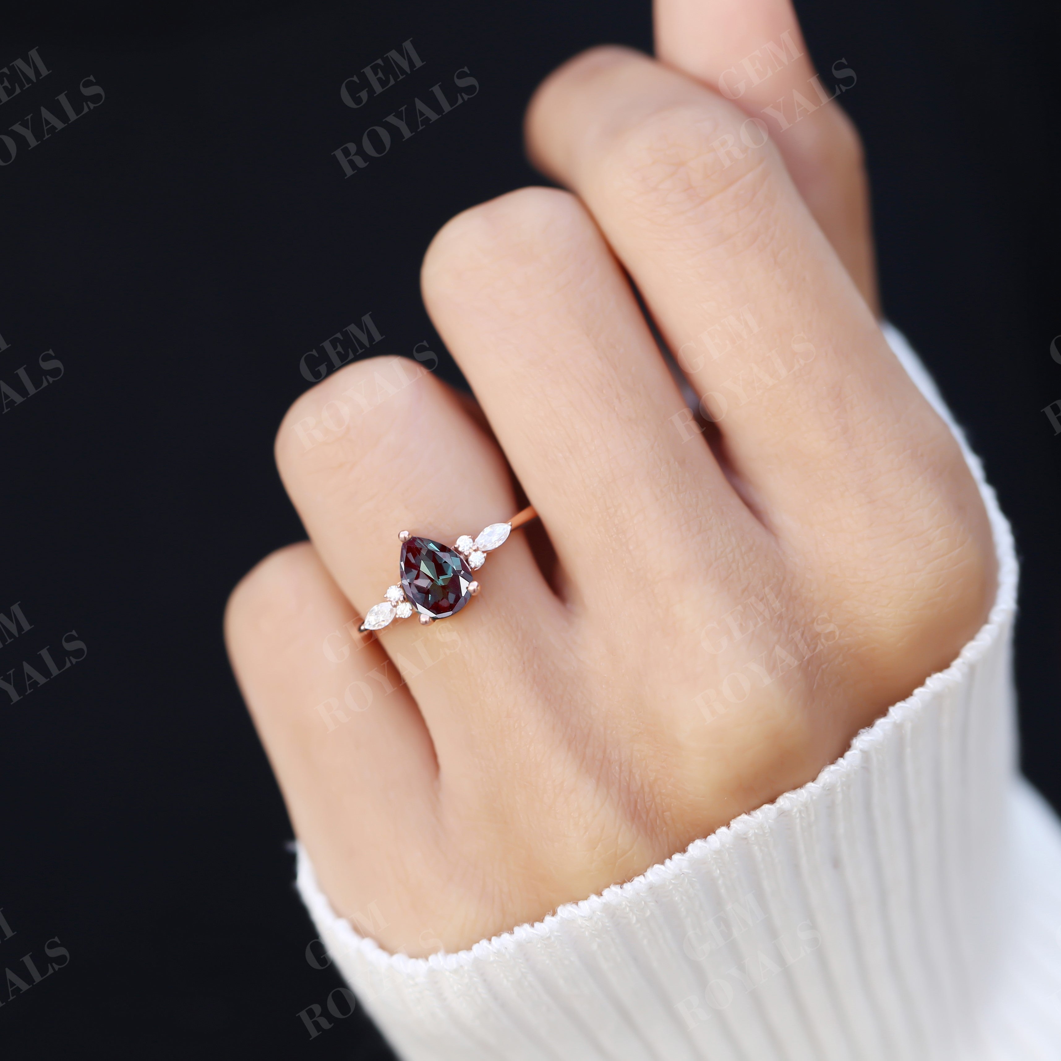 Cluster Pear Shaped Alexandrite Engagement Ring