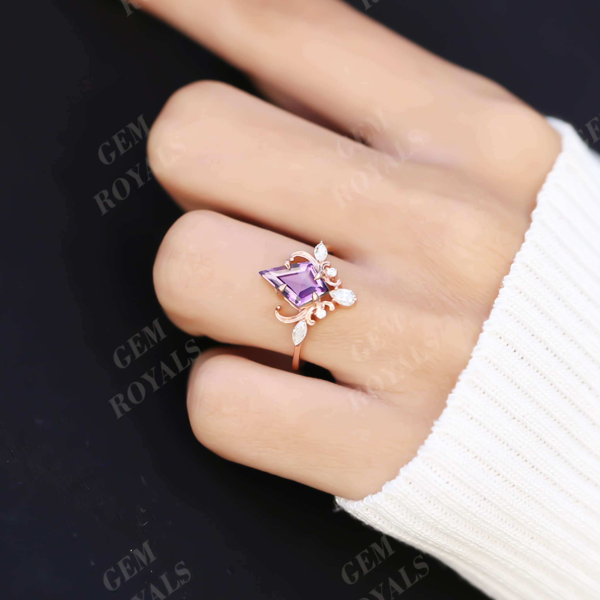 Vintage Style Unique Kite Cut Amethyst Engagement Ring