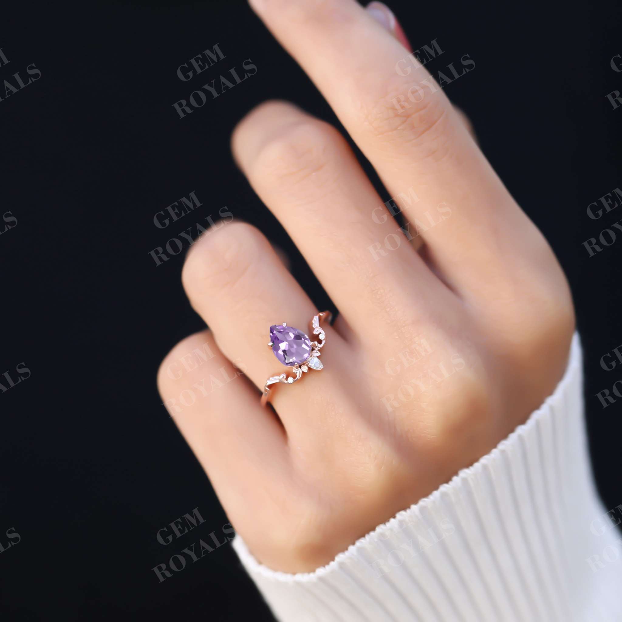 Vintage Style Pear Shaped Amethyst Engagement Ring