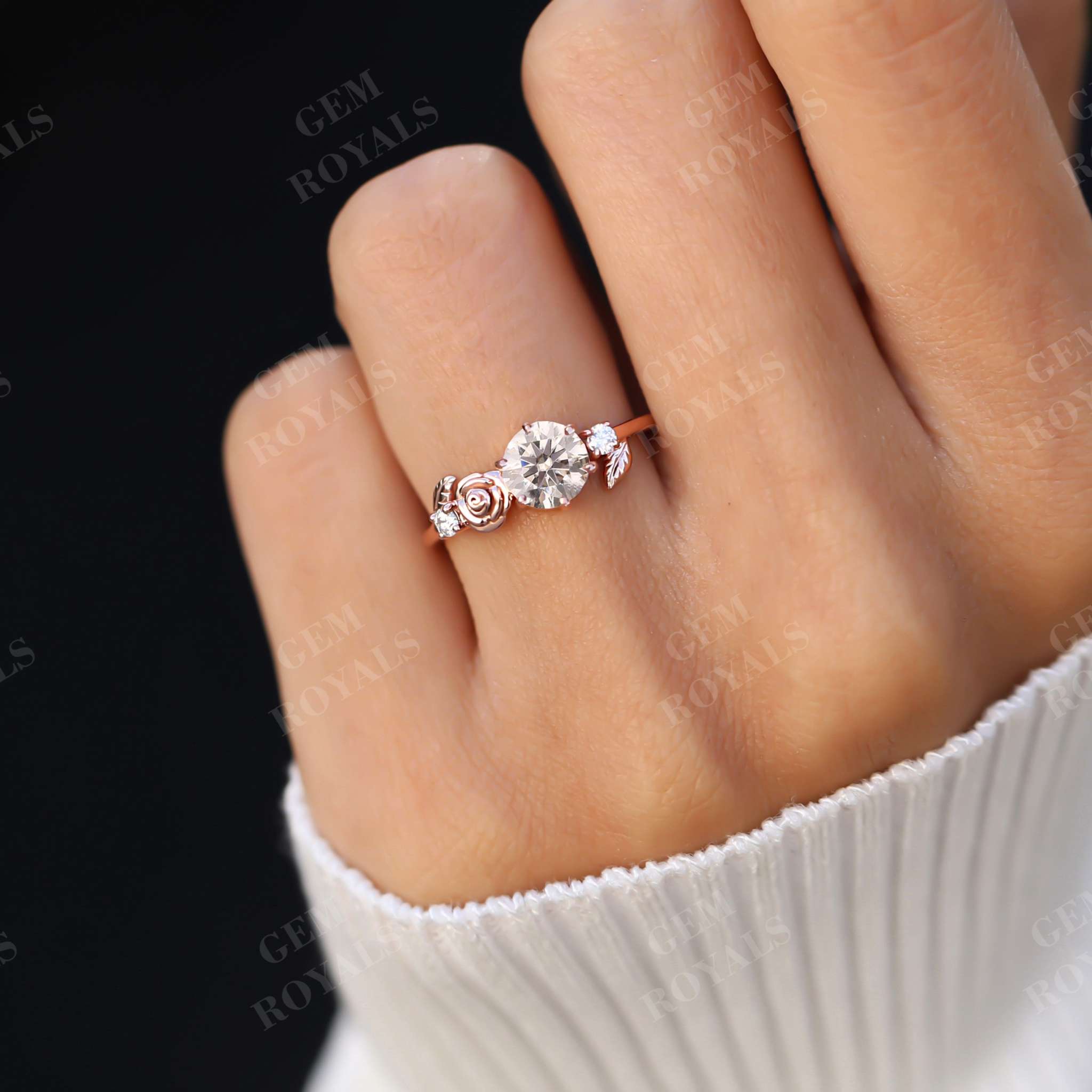 Round Brilliant Cut Moissanite Flower Leaf Design Ring