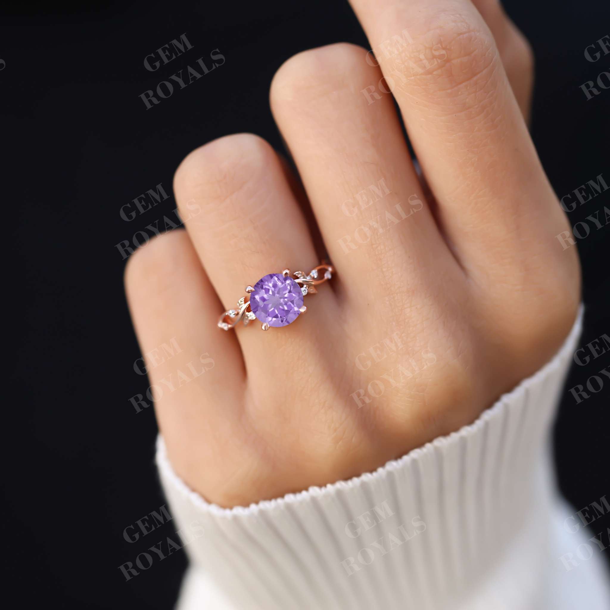 Nature Inspired Round Purple Amethyst Engagement Ring