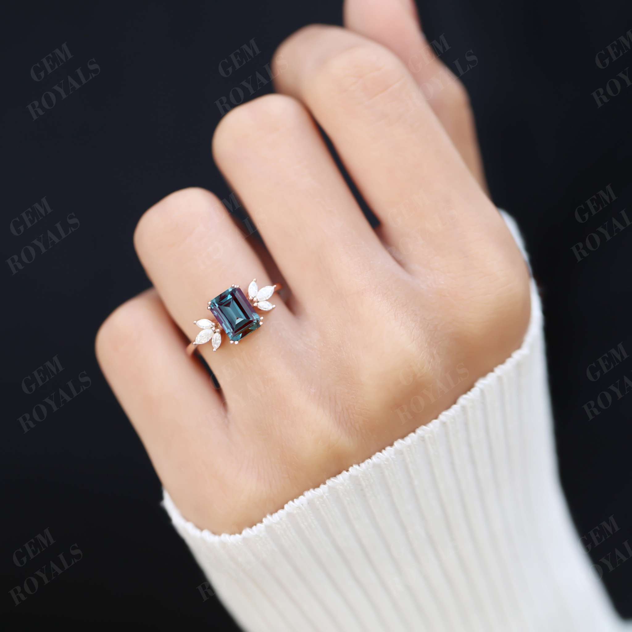 Cluster Emerald Cut Alexandrite Engagement Ring