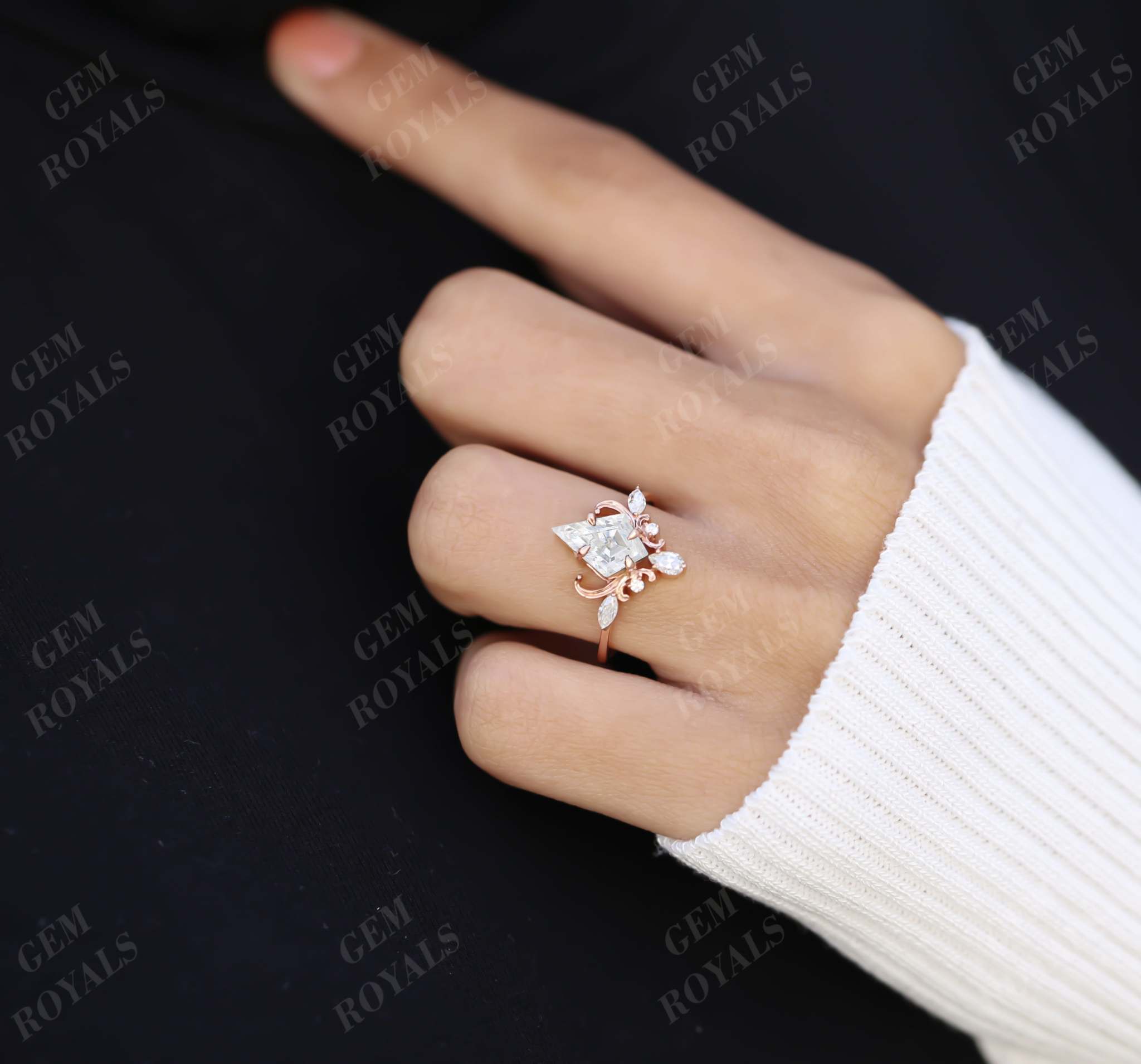 Vintage Style Unique Kite Shaped Moissanite Engagement Ring