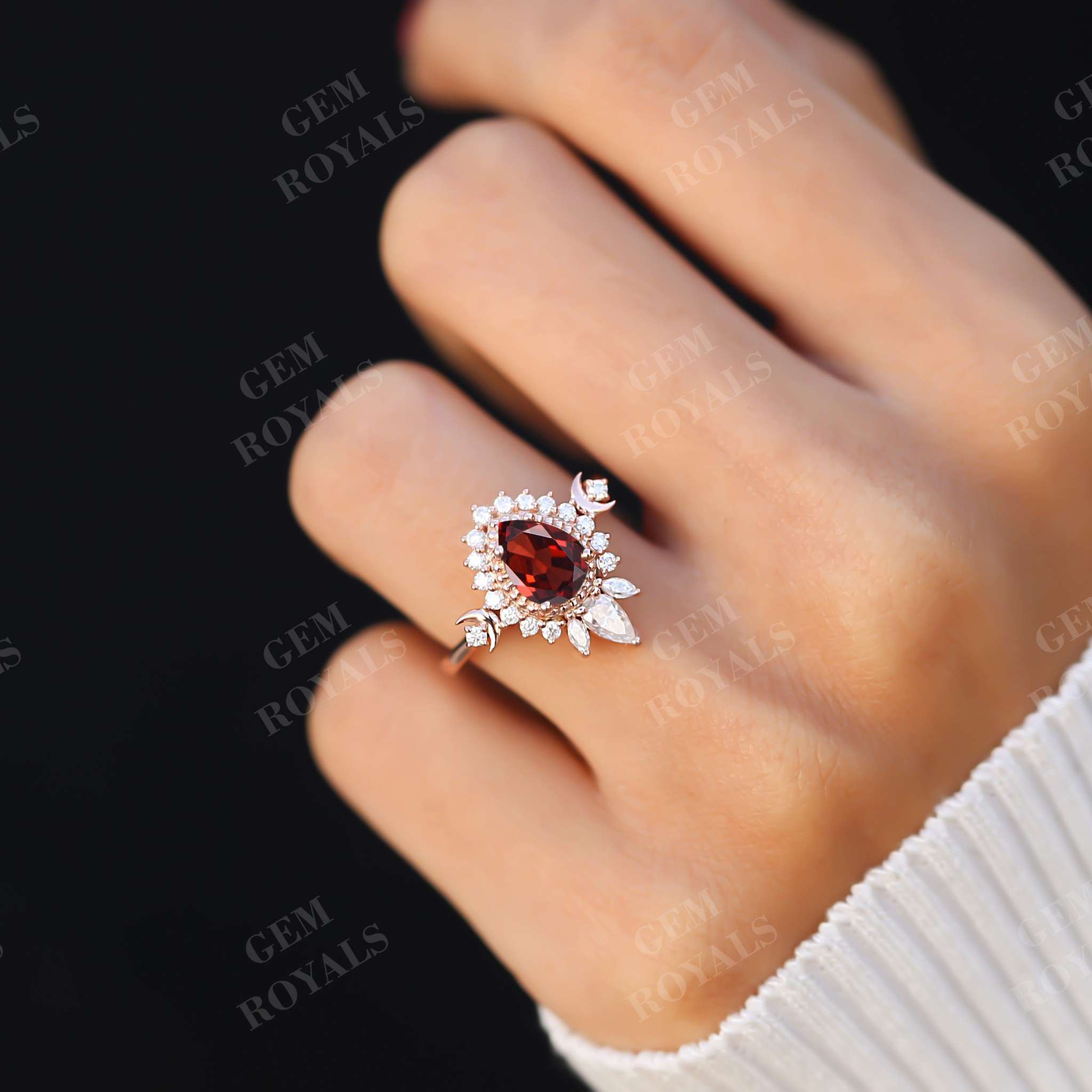 Art Deco Pear Shaped Red Garnet Halo Engagement Ring