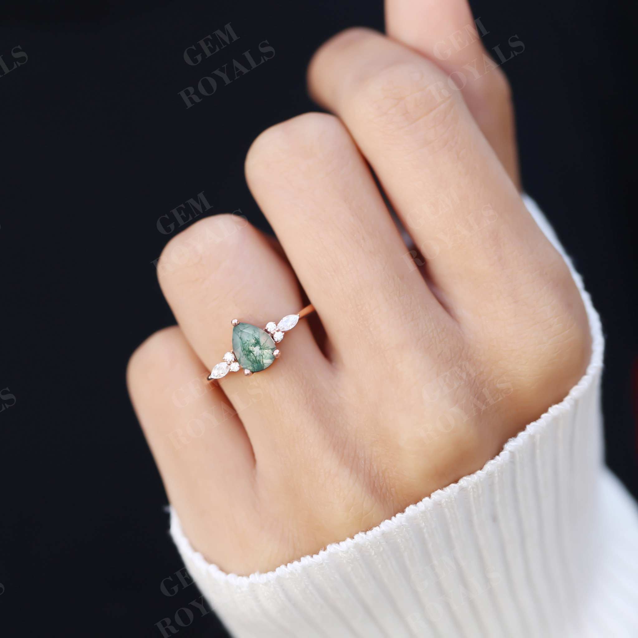 Cluster Pear Cut Natural Green Moss Agate Engagement Ring