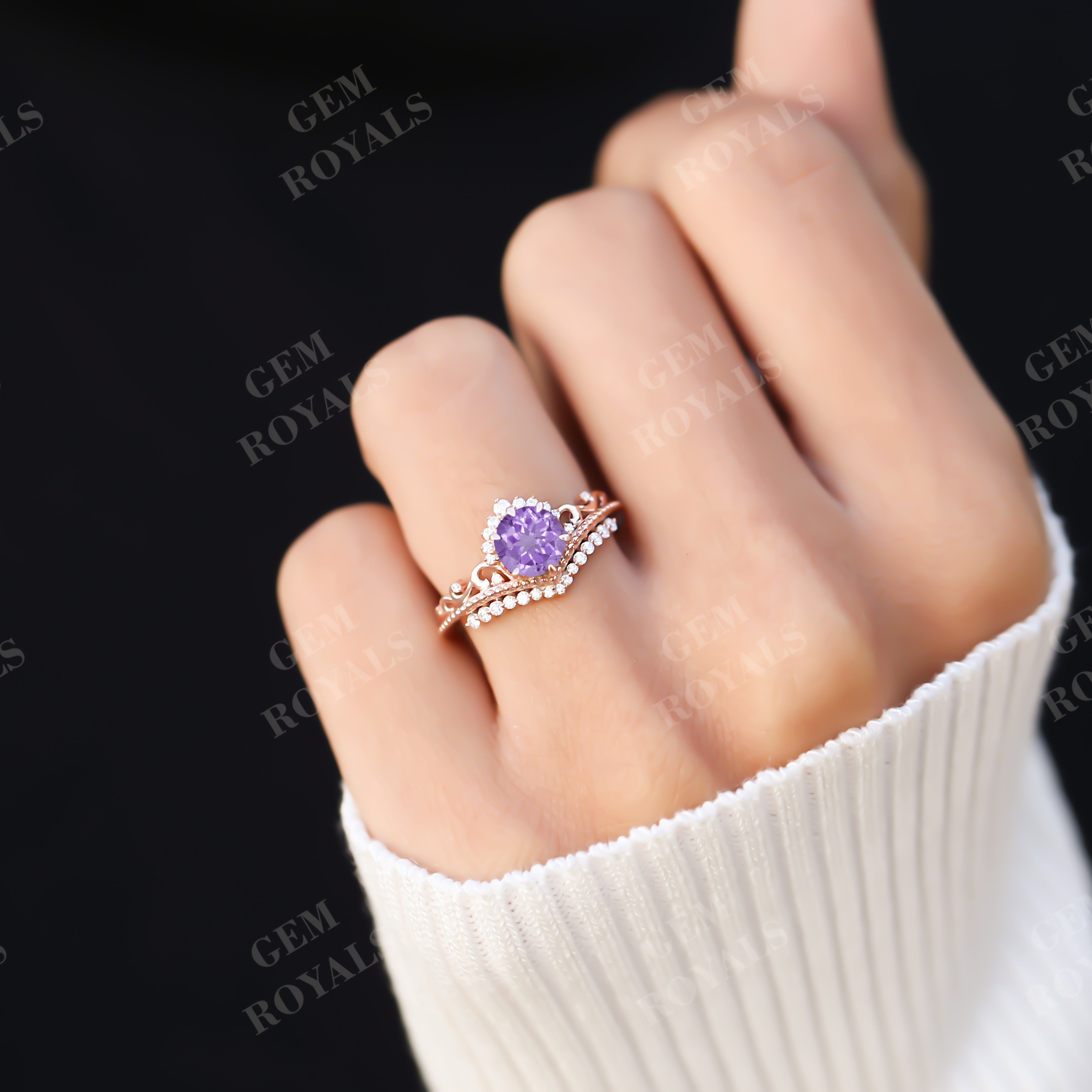 Art Deco Chevron style Round Amethyst Engagement Ring