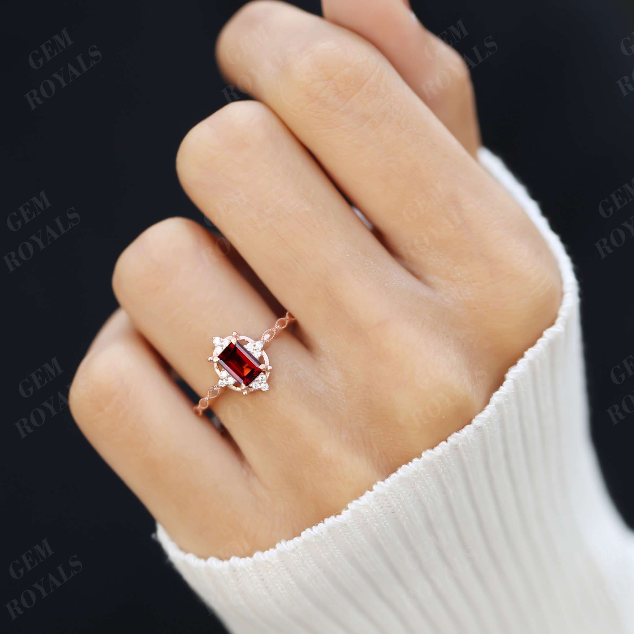 Vintage Emerald Cut Natural Red Garnet Engagement Ring