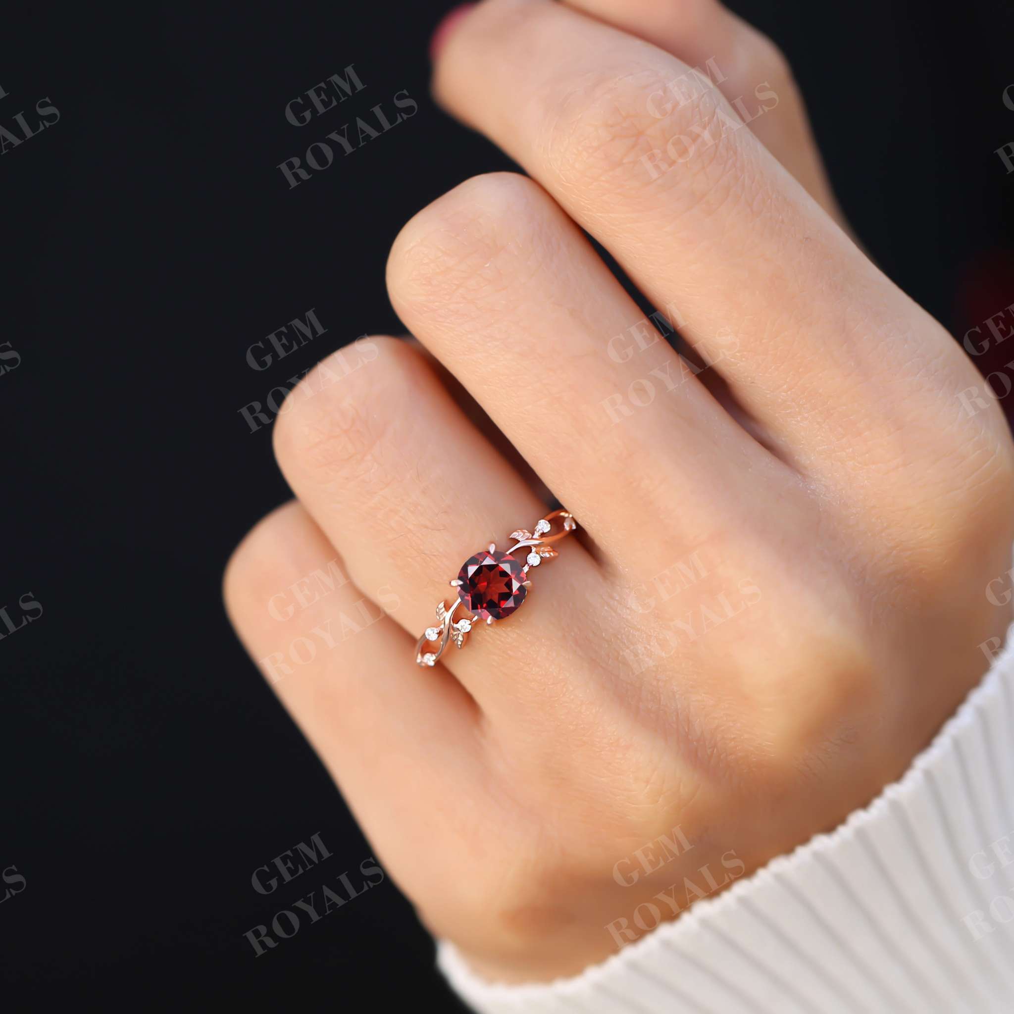 Nature Inspired Round Cut Red Garnet Engagement Ring