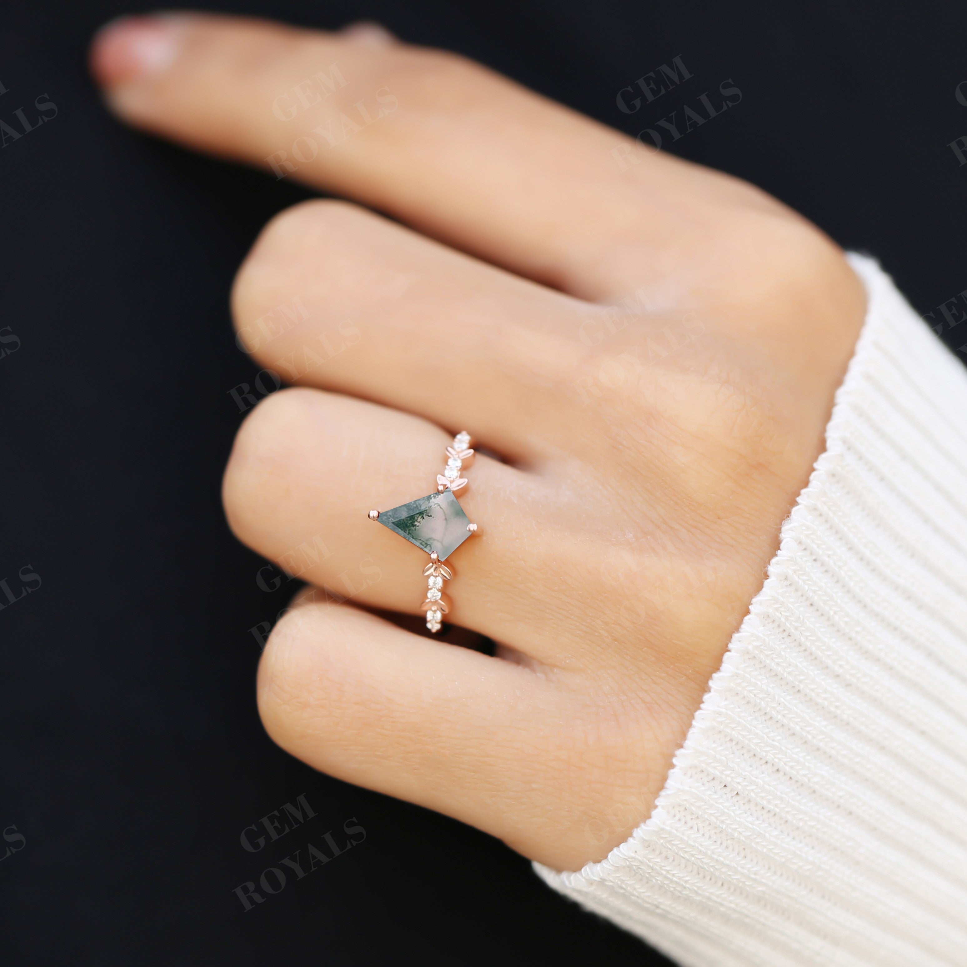 Nature Inspired Leaf Kite Cut Green Moss Agate Engagement Ring