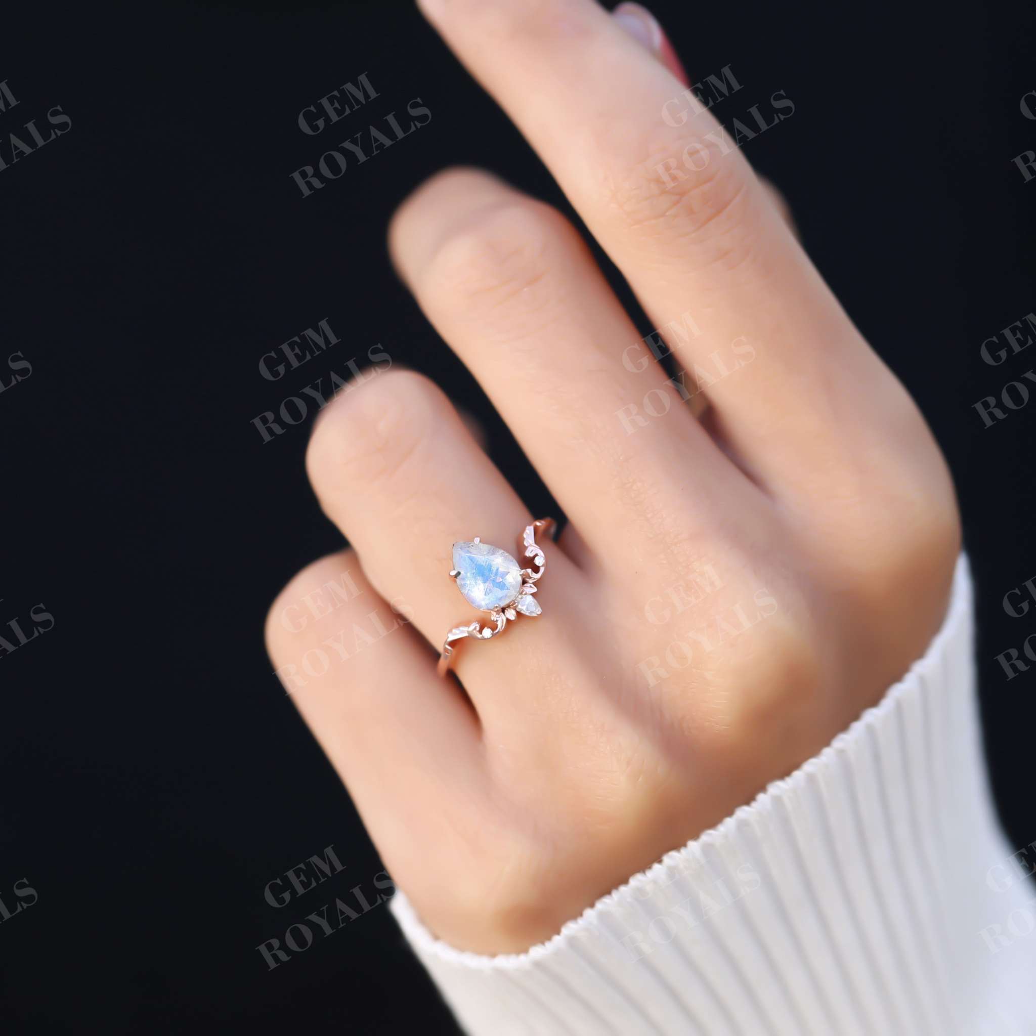 Art Deco Pear Shaped Moonstone Engagement Ring