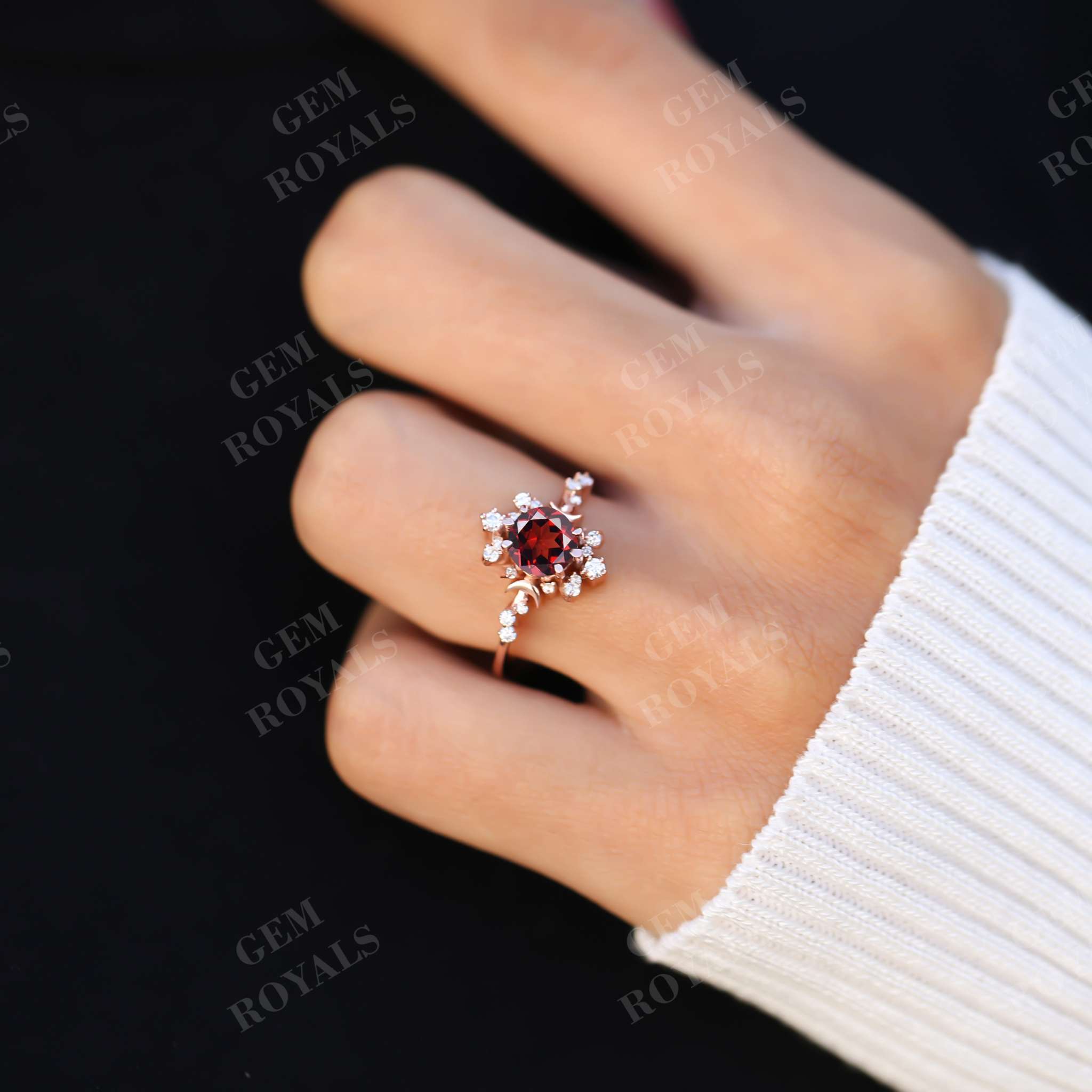 Art Deco Cluster Round Natural Red Garnet Engagement Ring