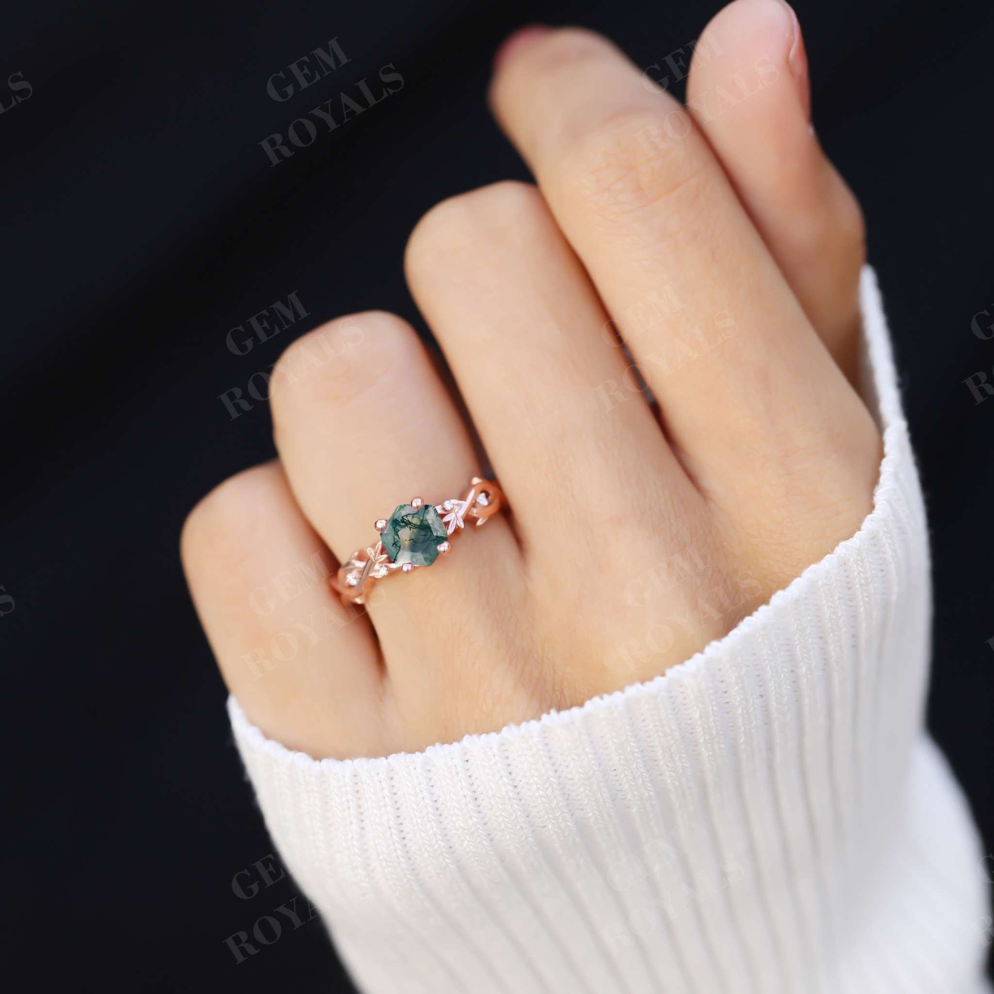 Unique Hexagon Cut Natural Moss Agate Engagement Ring