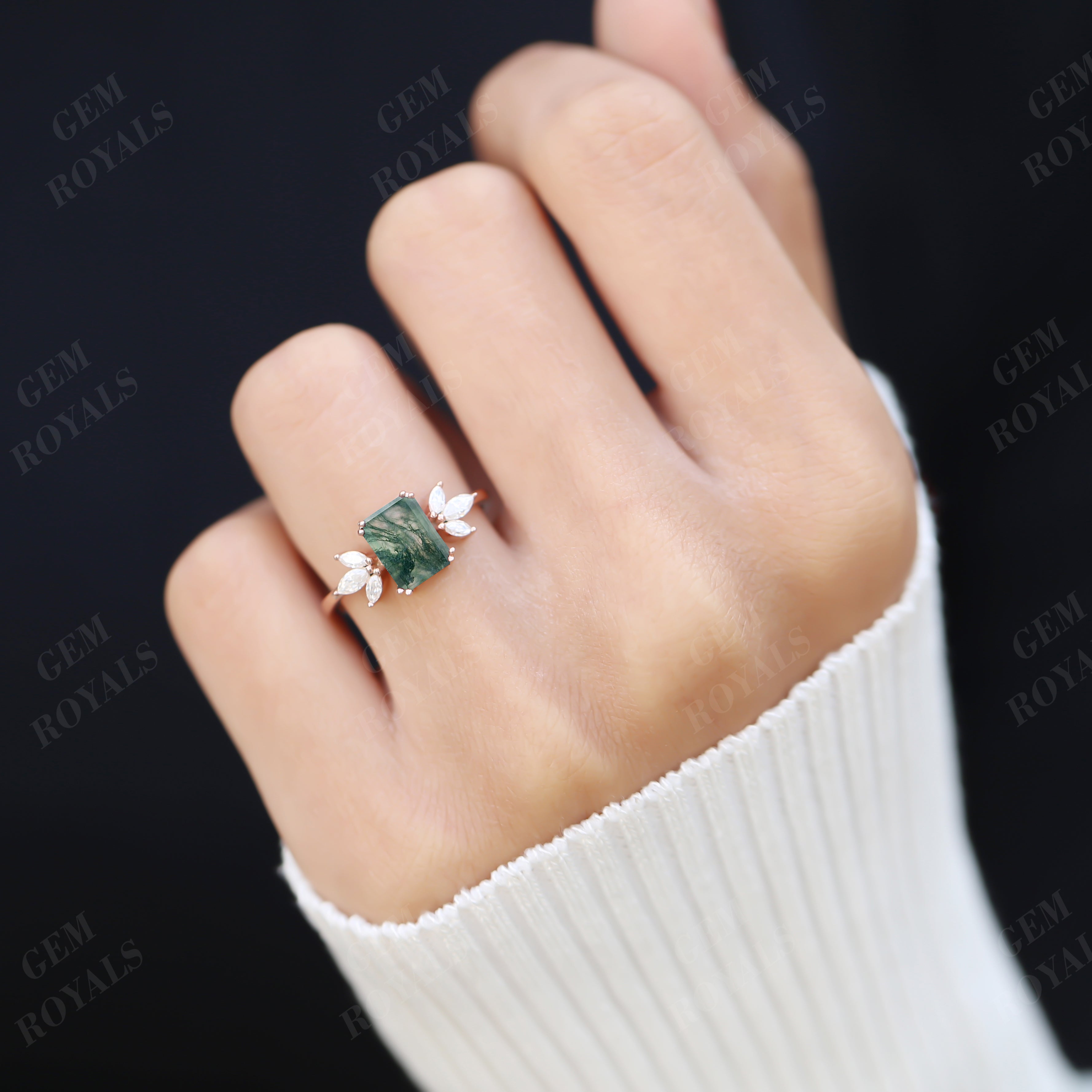 Cluster Emerald Cut Natural Moss Agate Engagement Ring