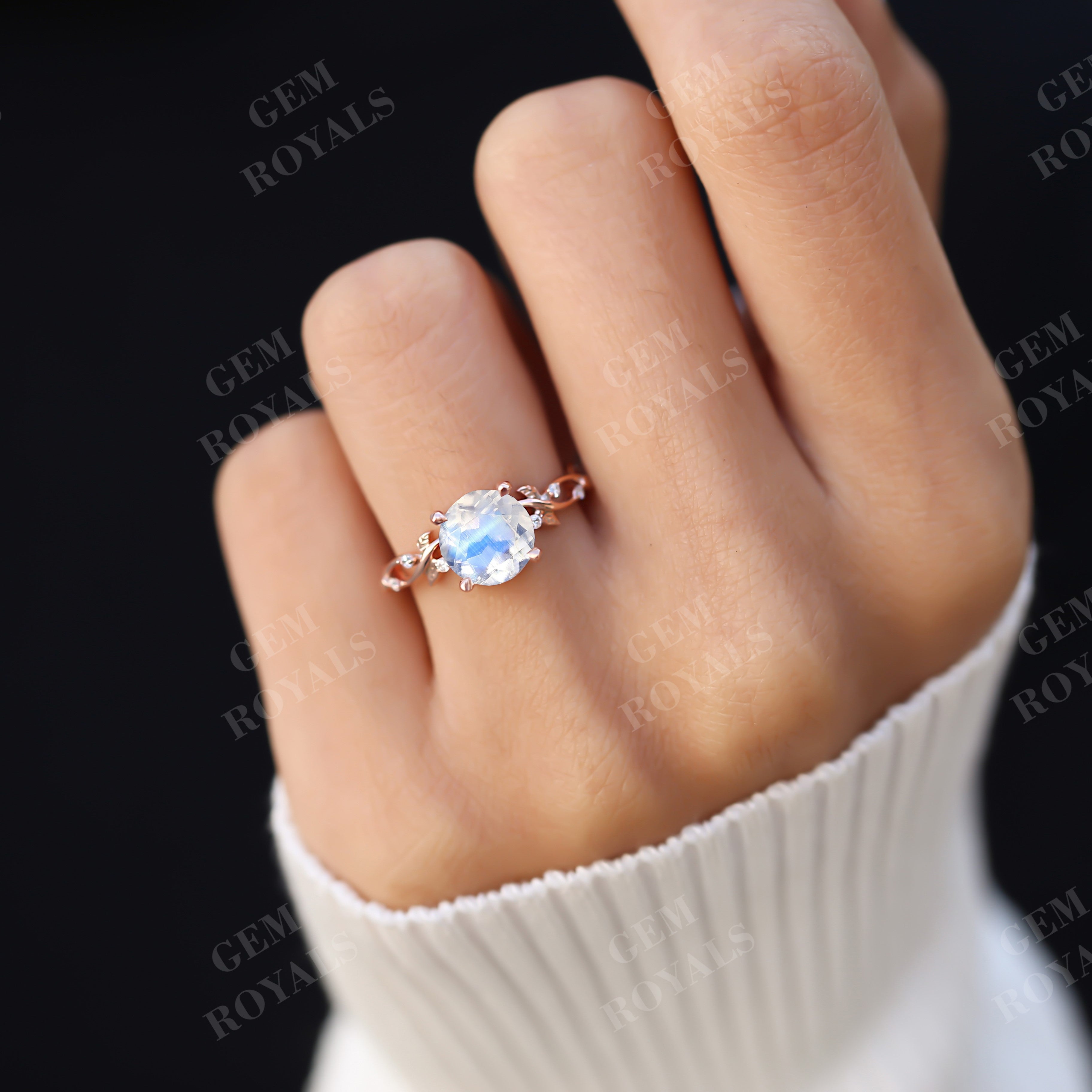 Nature Inspired Round Rainbow Moonstone Engagement Ring