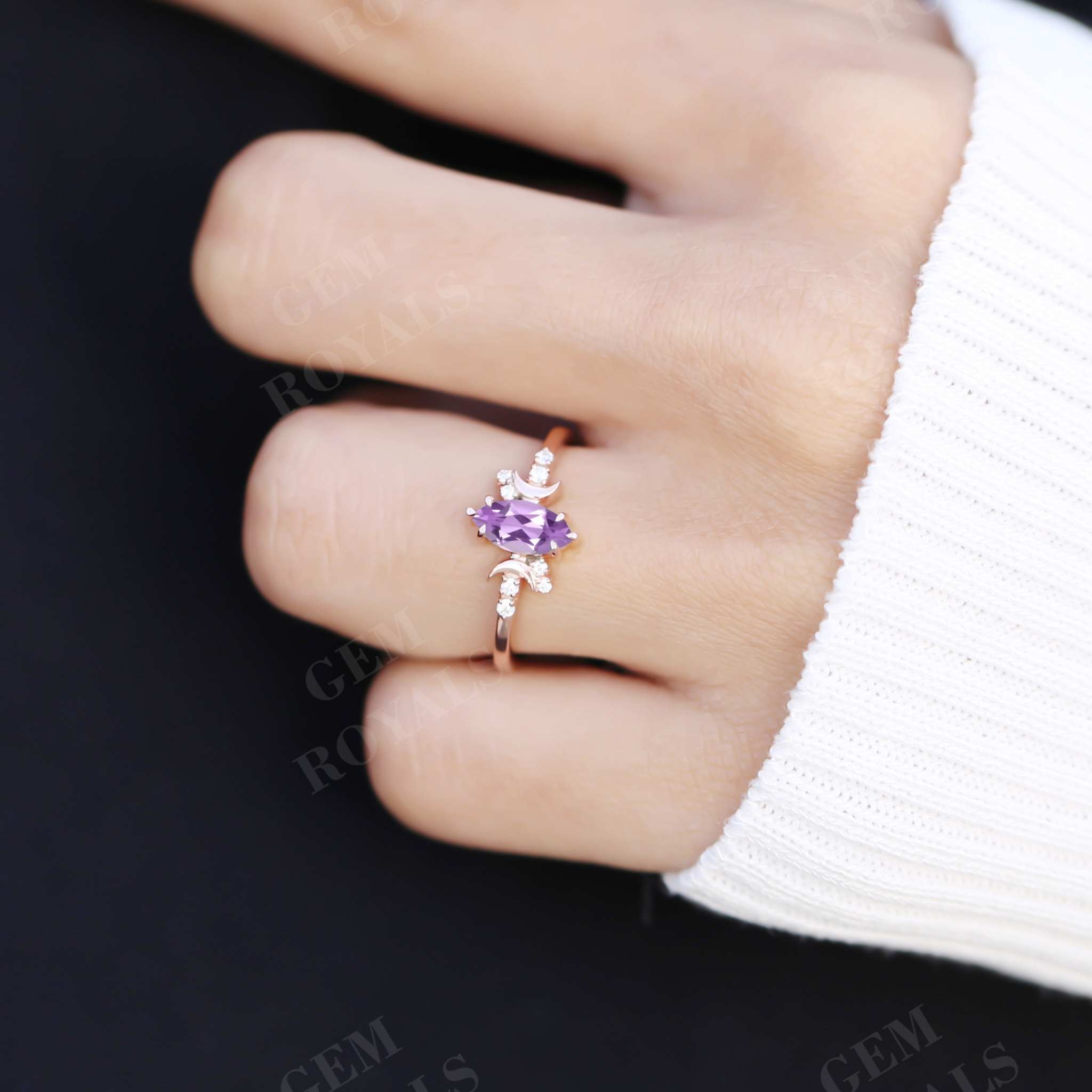 Celestial style Marquise Cut Natural Amethyst Engagement Ring