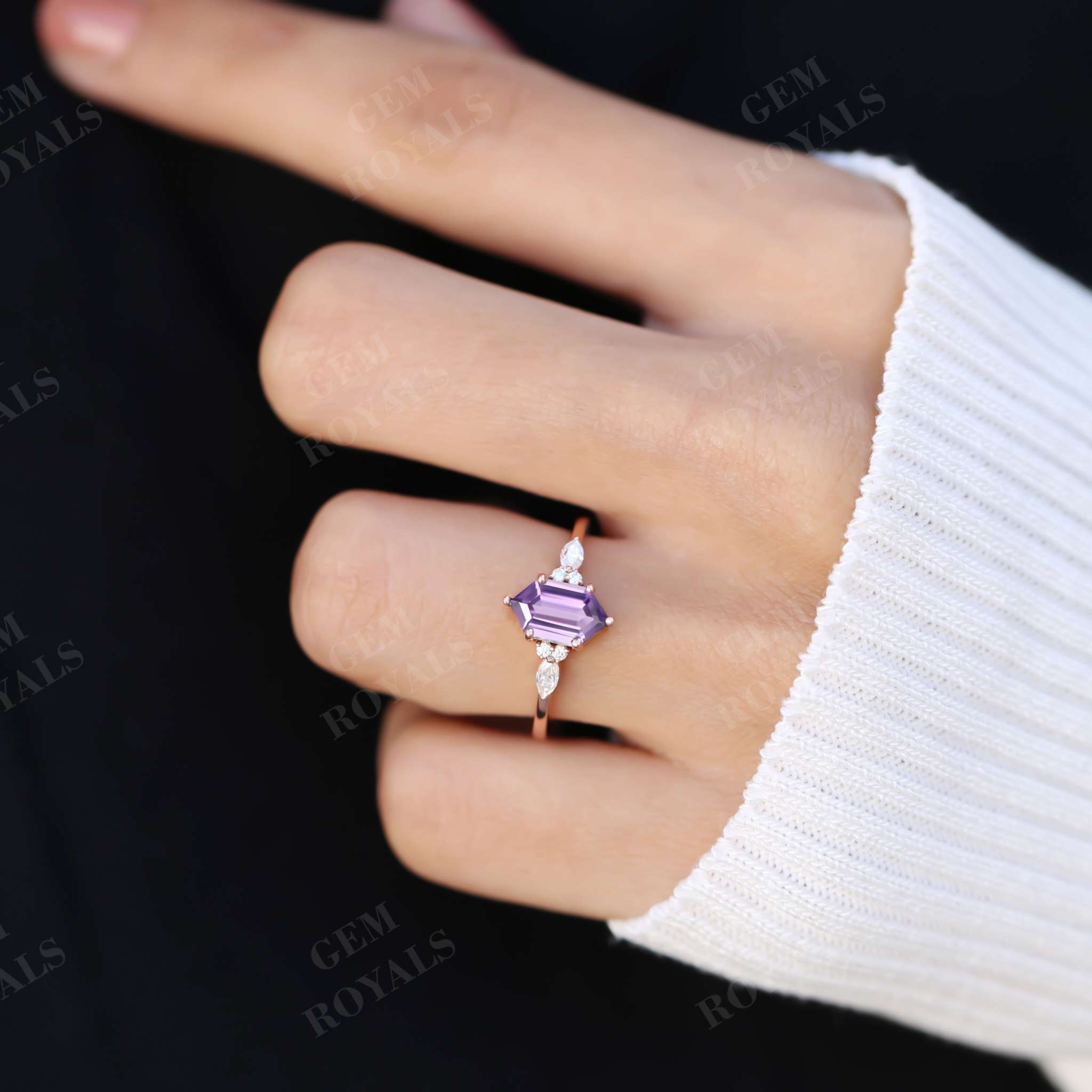 Unique Long Hexagon Purple Amethyst Engagement Ring