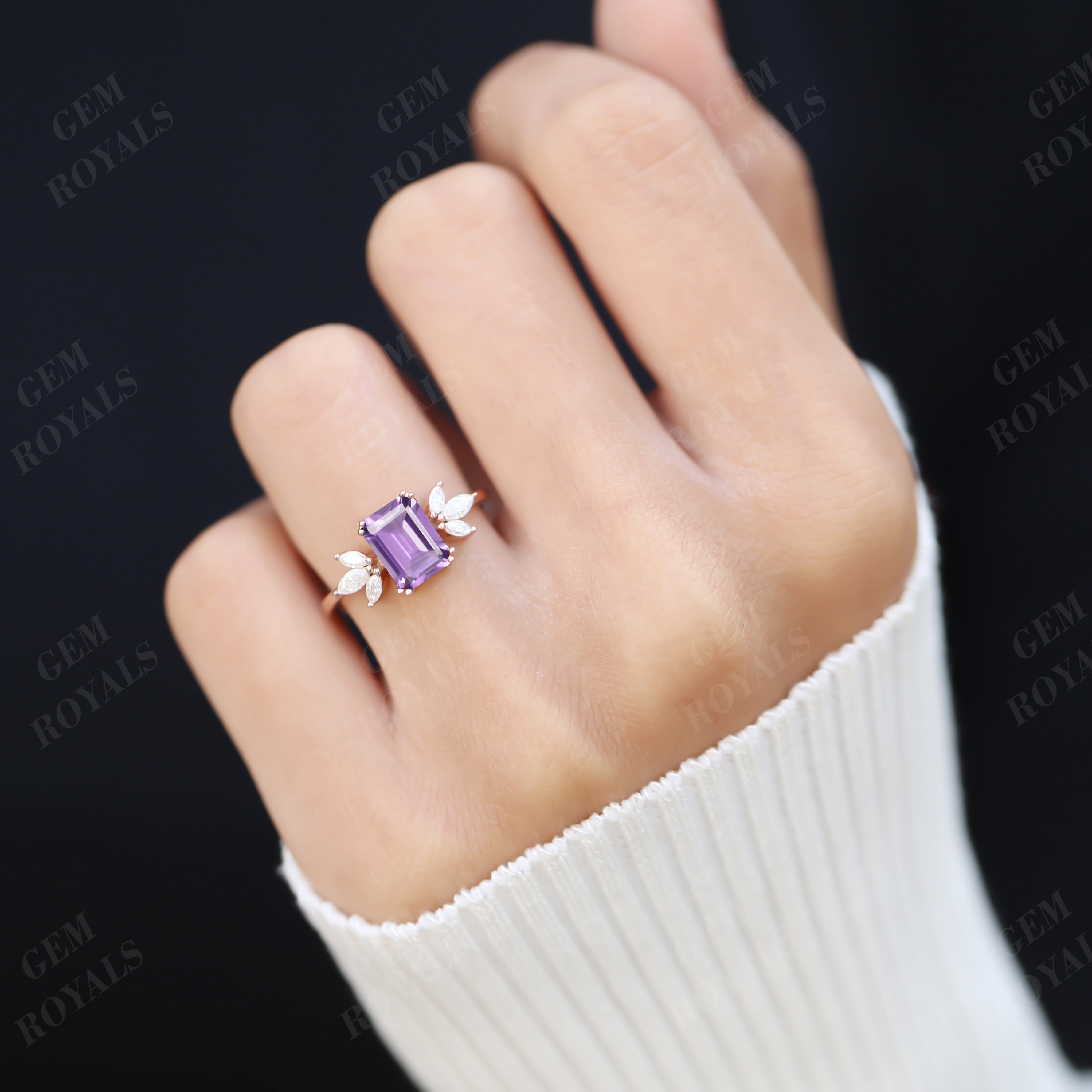 Solitaire Emerald Cut Natural Amethyst Engagement Ring