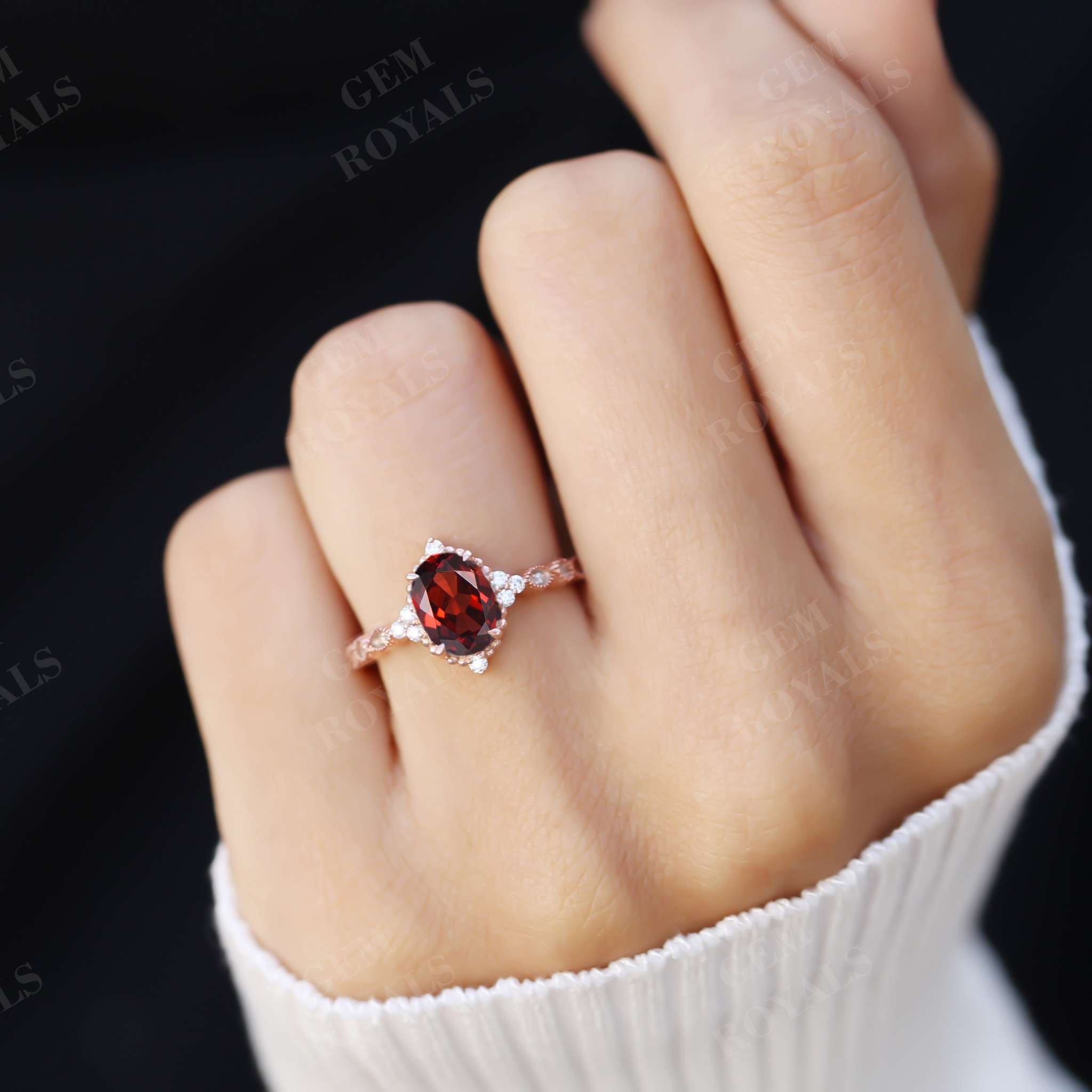 Unique Art Deco Oval Cut Red Garnet Engagement Ring