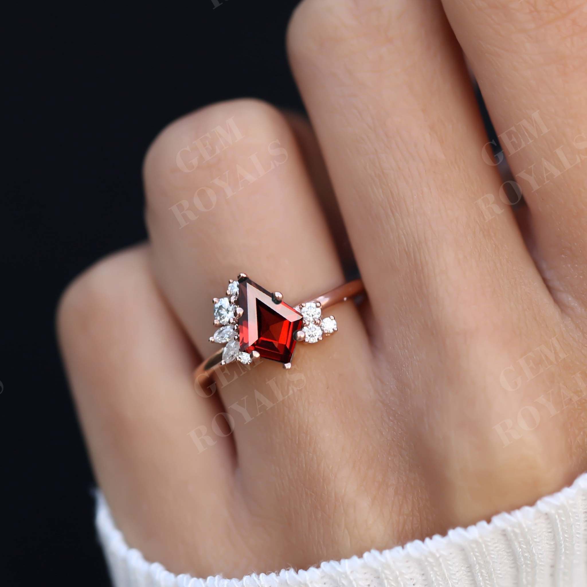 Vintage Kite Cut Red Garnet Gemstone Engagement Ring