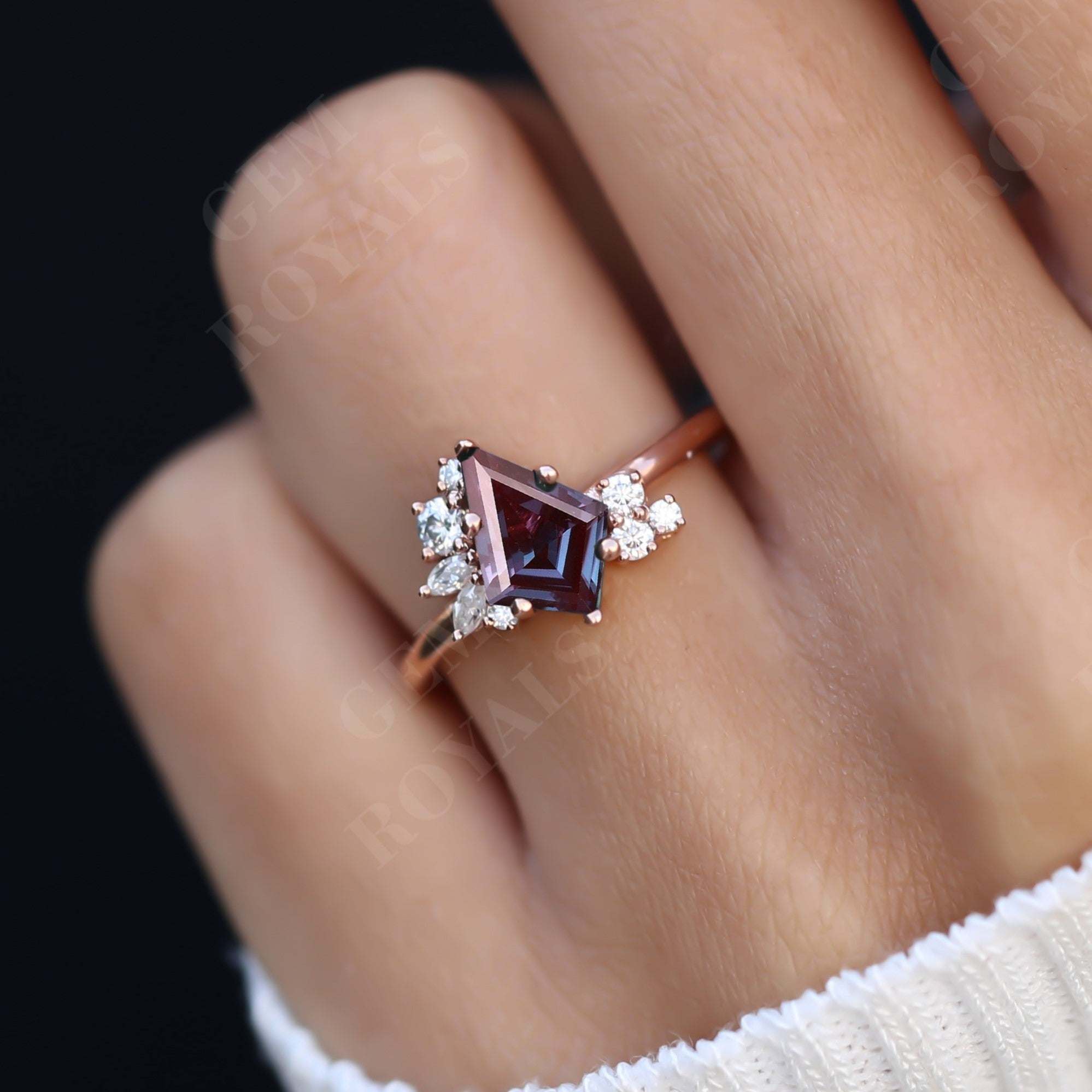 Cluster Set Kite Cut Alexandrite Engagement Ring