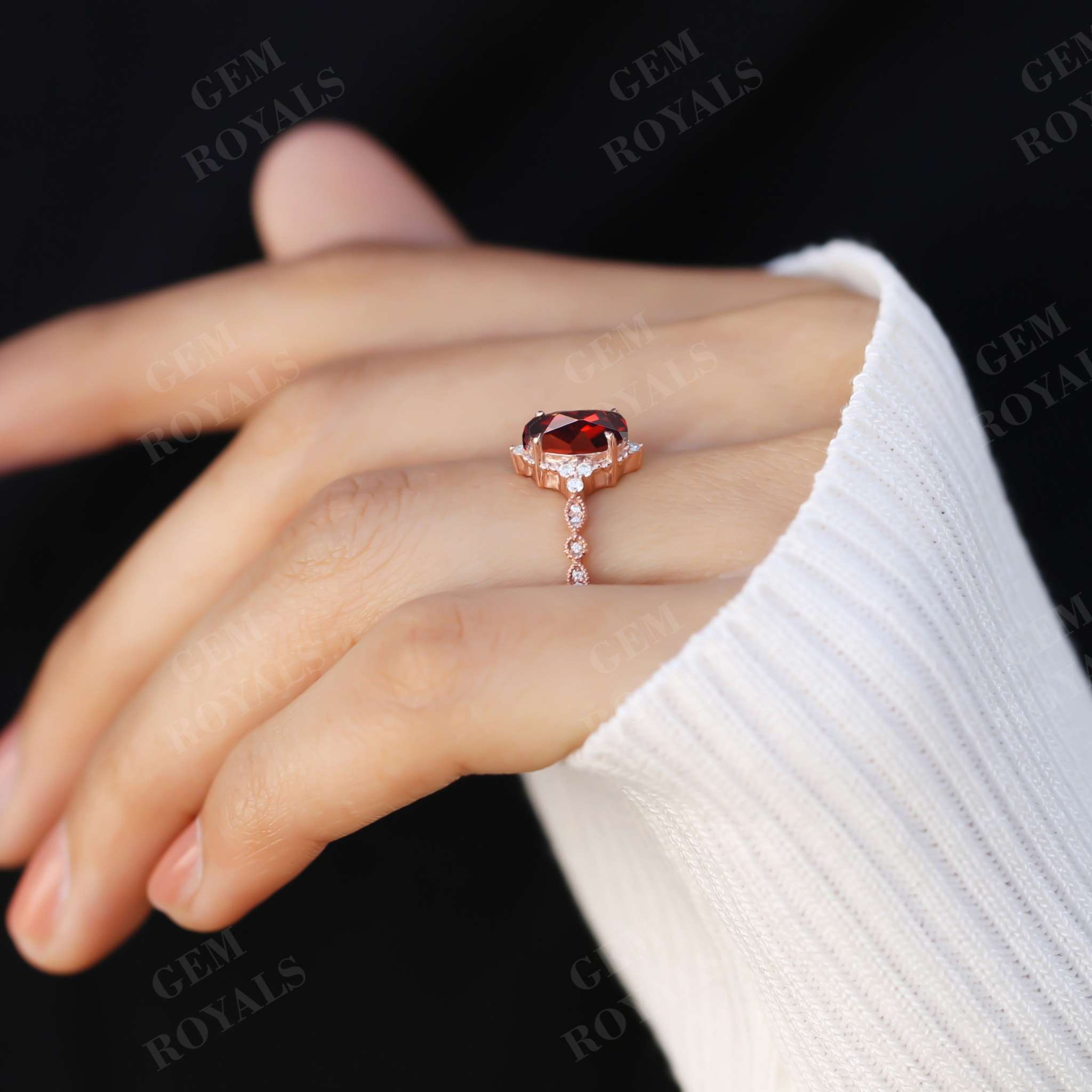 Unique Art Deco Oval Cut Red Garnet Engagement Ring