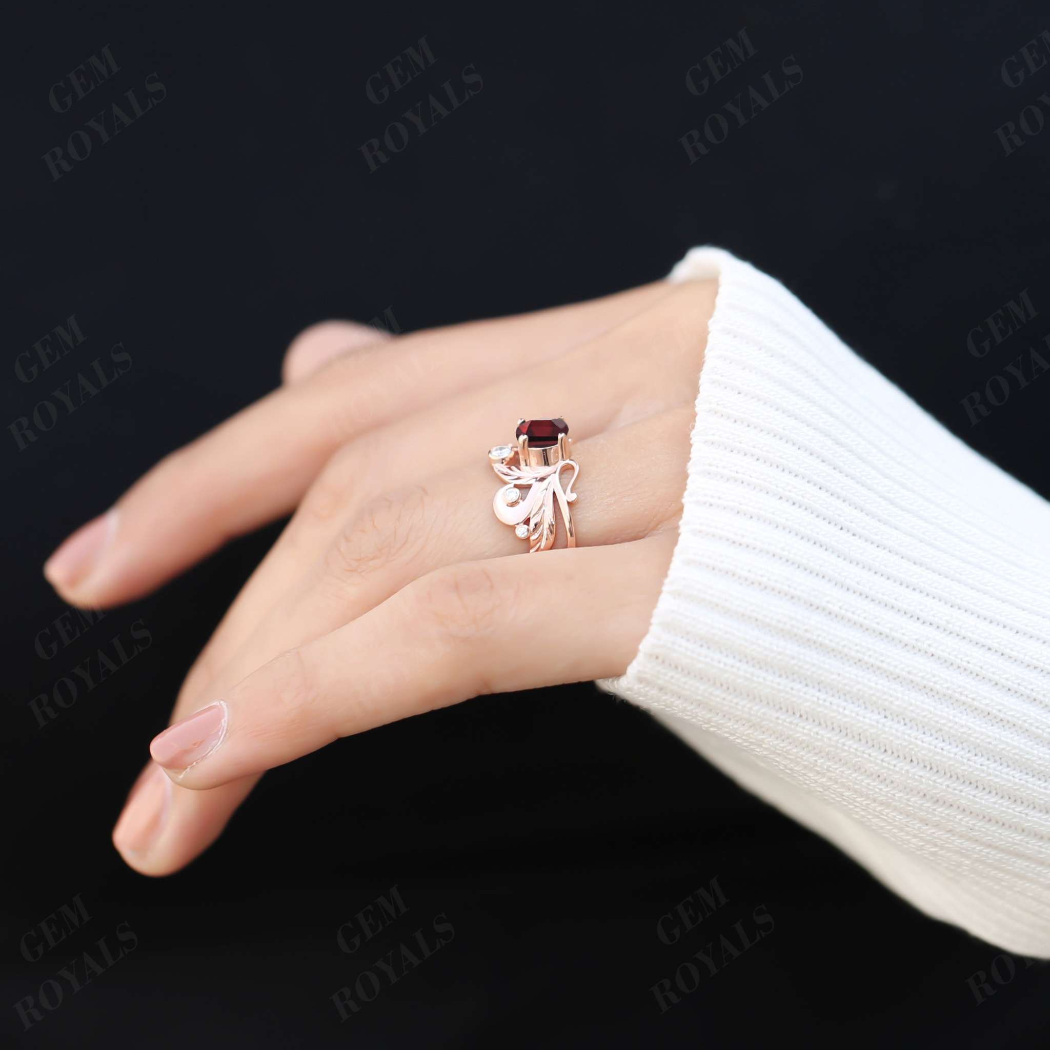 Wide Antique Round Cut Natural Garnet Engagement Ring