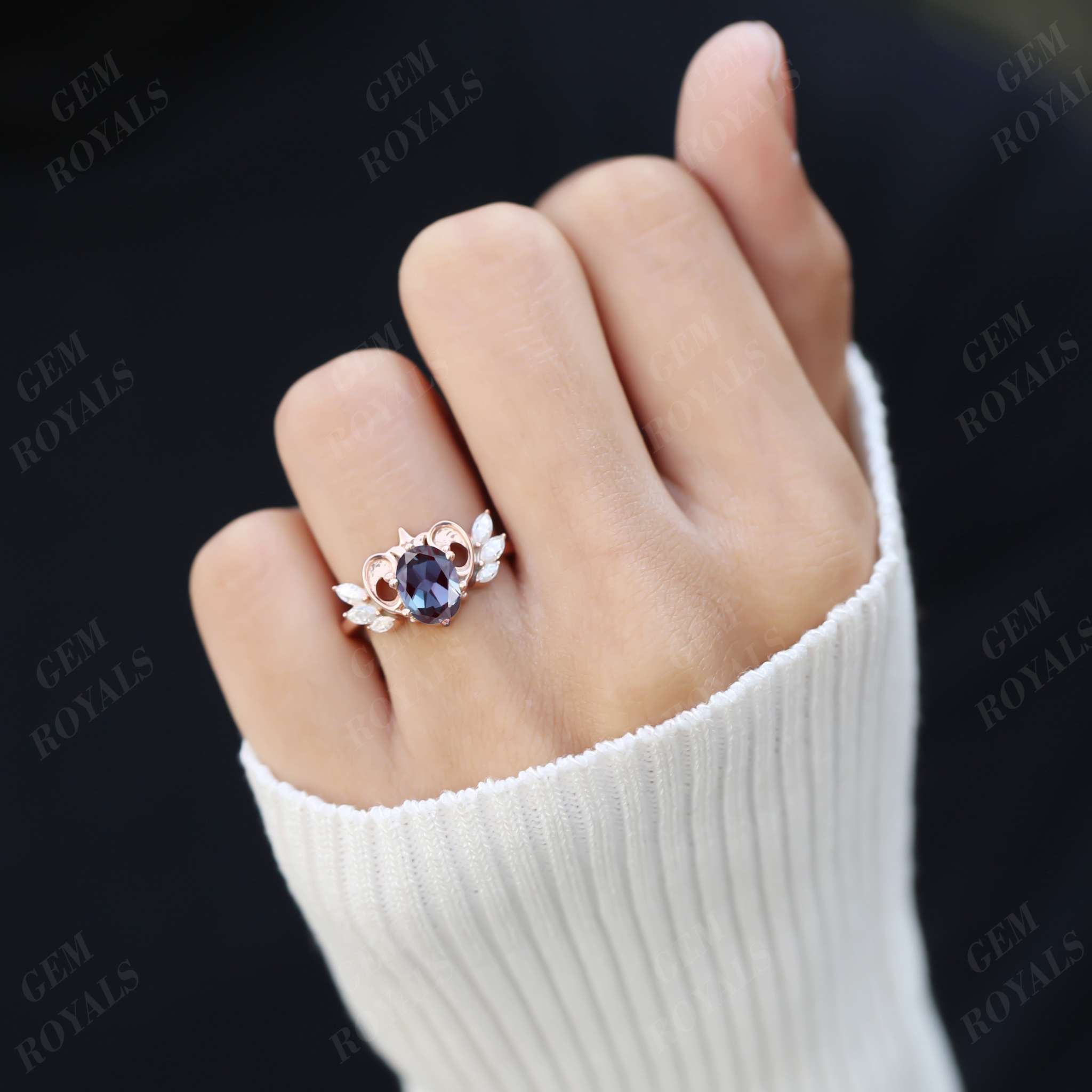 Unique Flying Heart Oval Alexandrite Engagement Ring