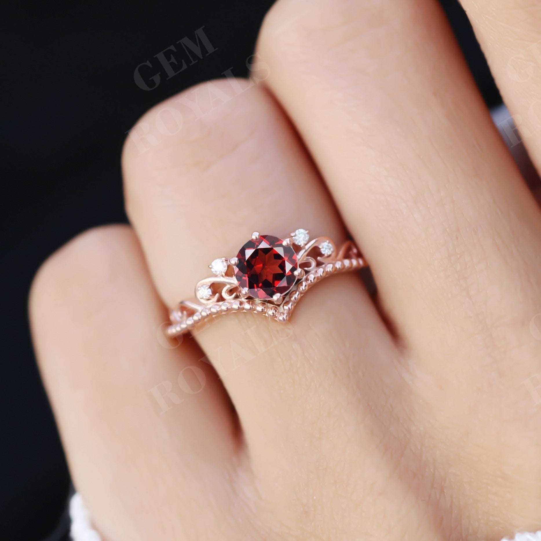 Round Red Garnet Engagement Vintage Chevron Ring