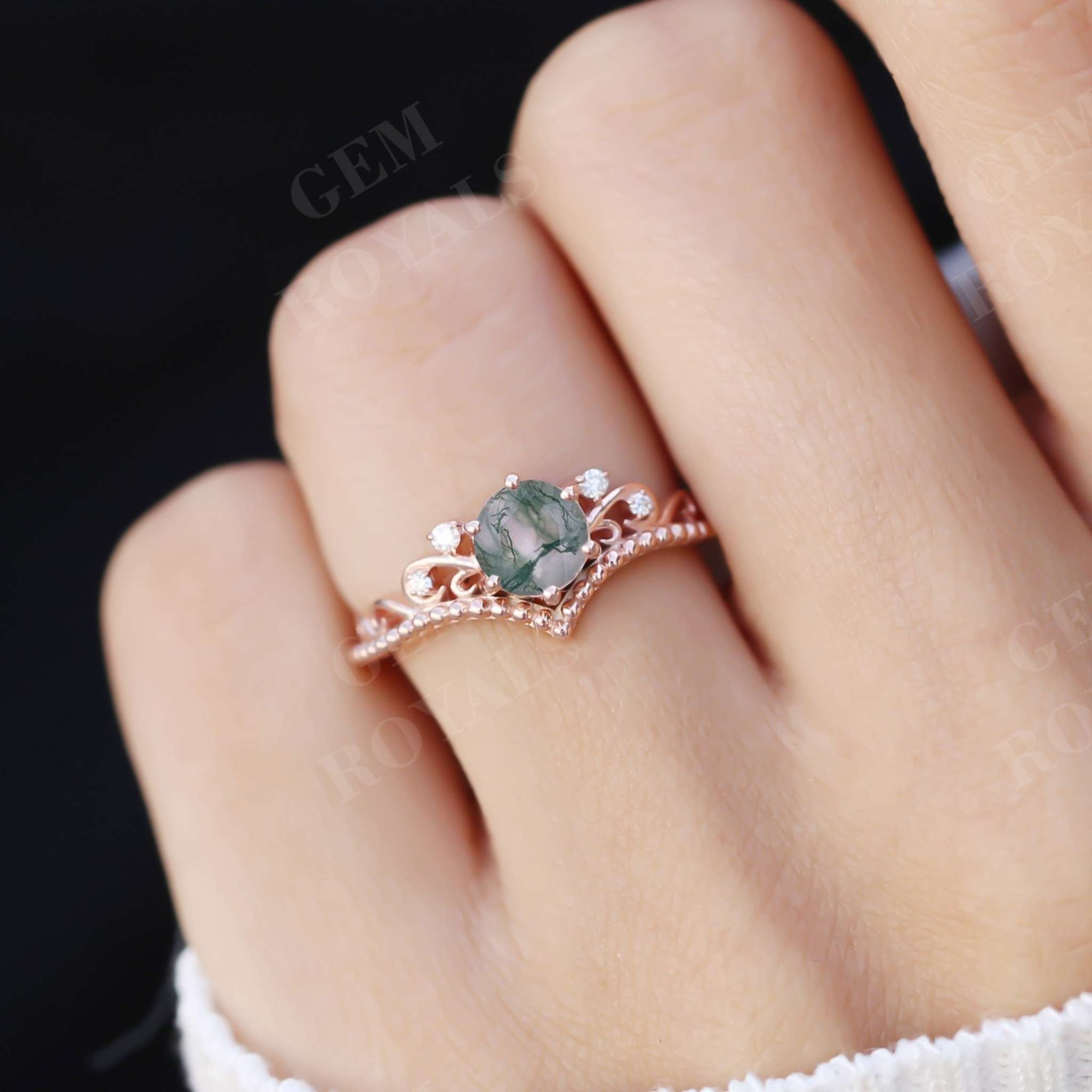 Art Deco Round Natural Moss Agate Engagement Ring