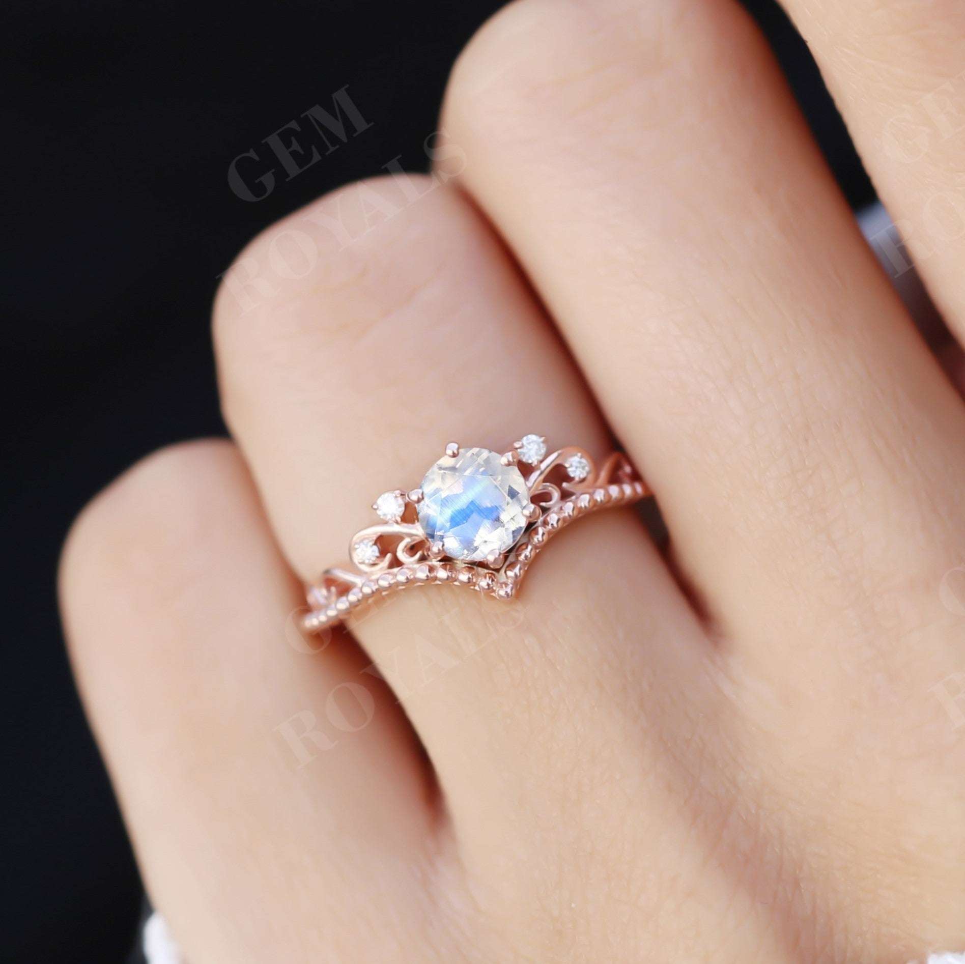 Vintage Style Chevron Round Moonstone Engagement Ring