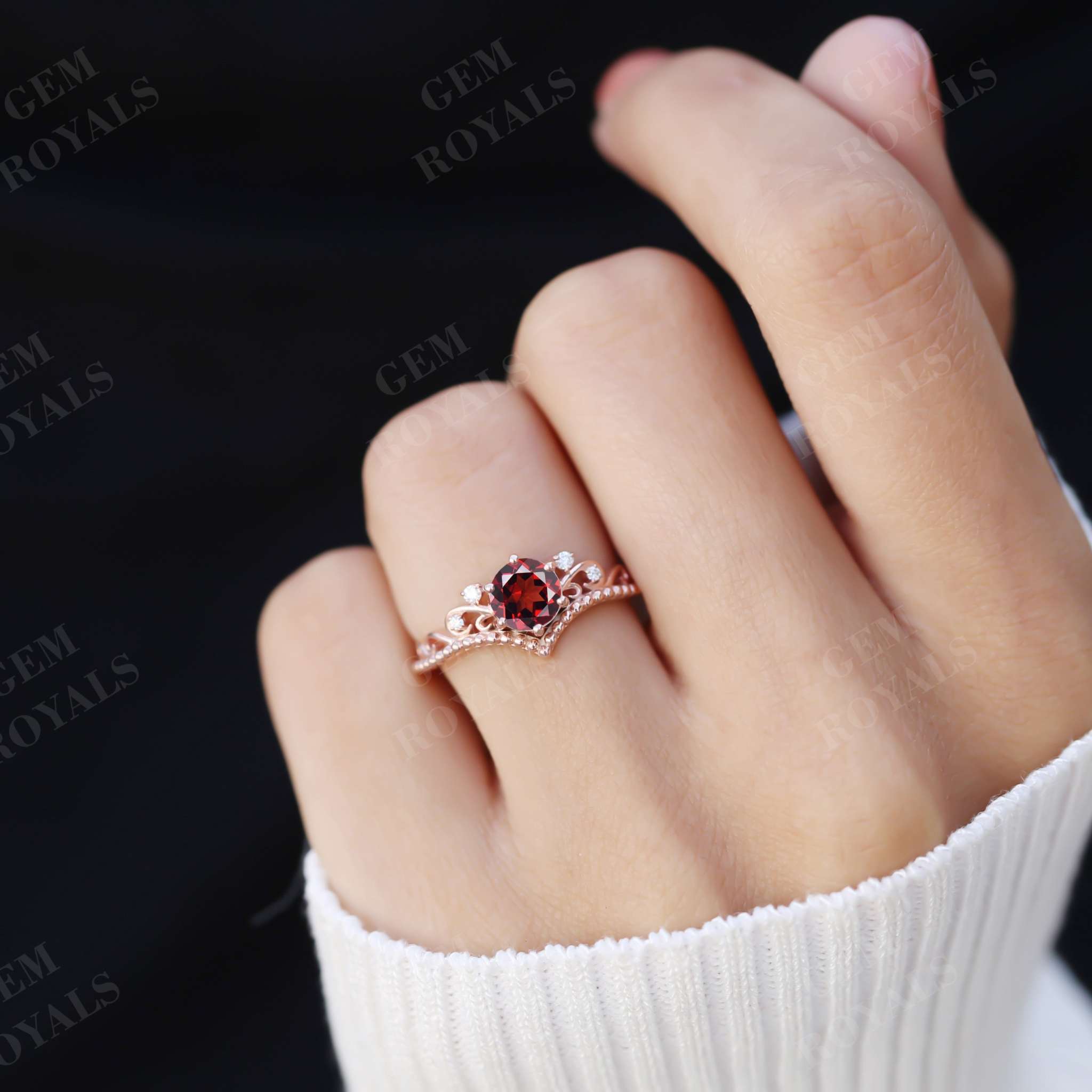 Round Red Garnet Engagement Vintage Chevron Ring