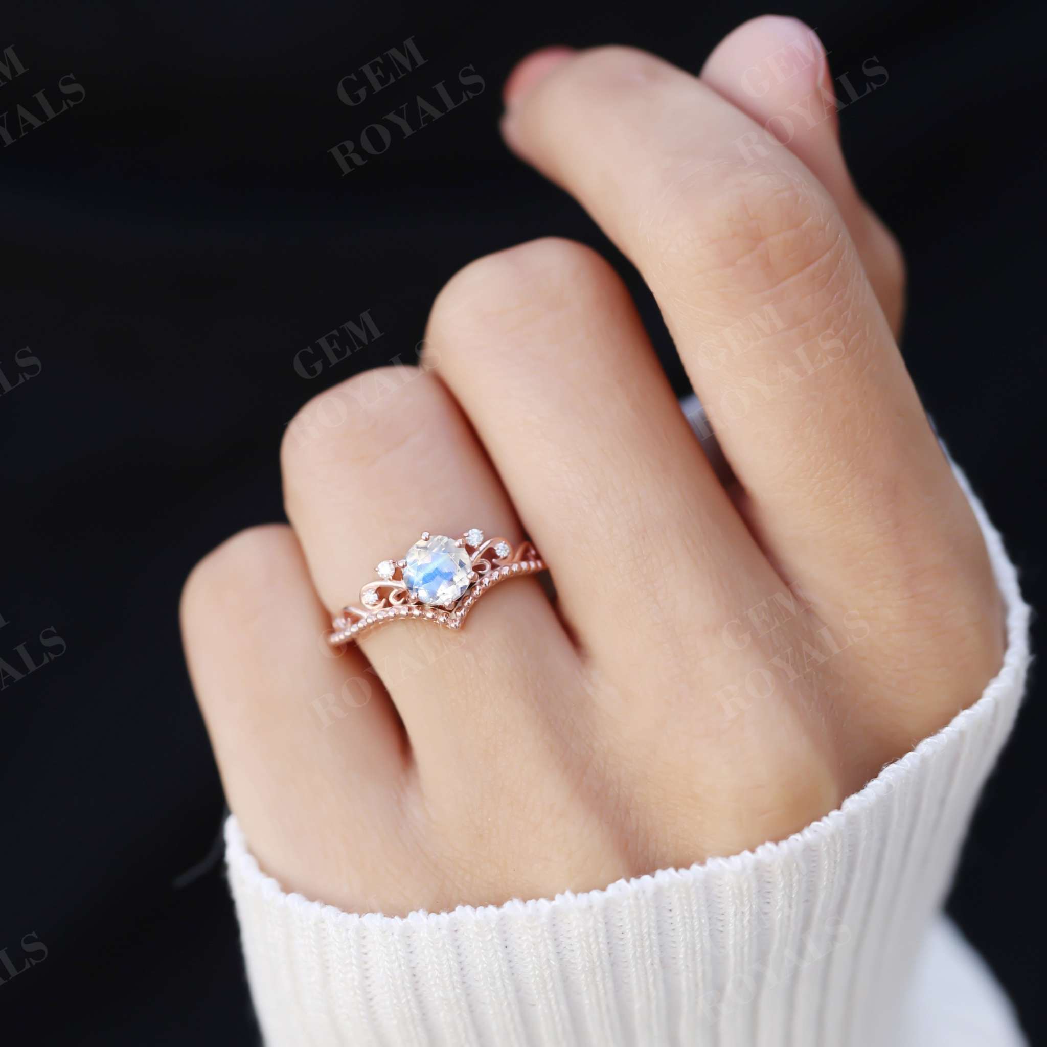 Vintage Style Chevron Round Moonstone Engagement Ring