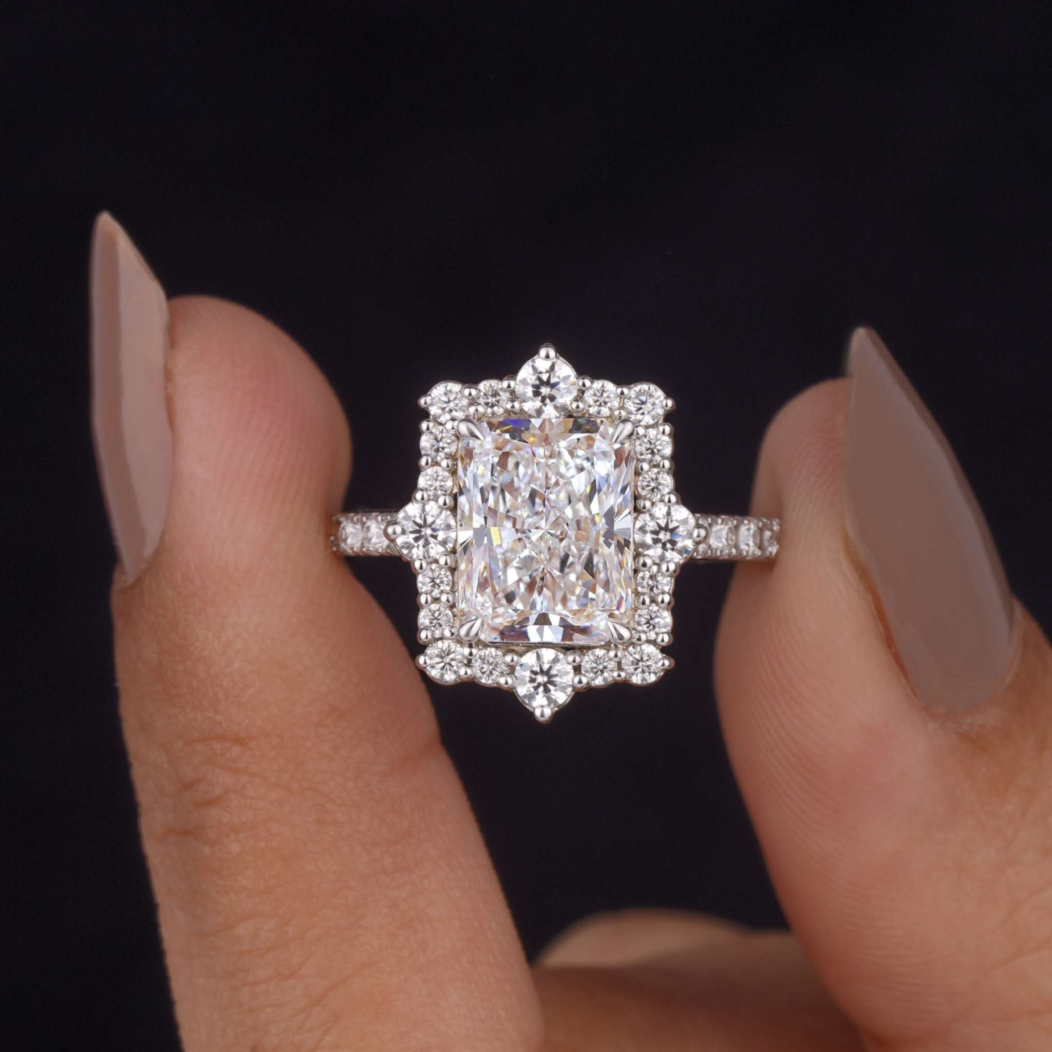 Art Deco Radiant Cut Lab Grown Diamond Halo Engagement Ring