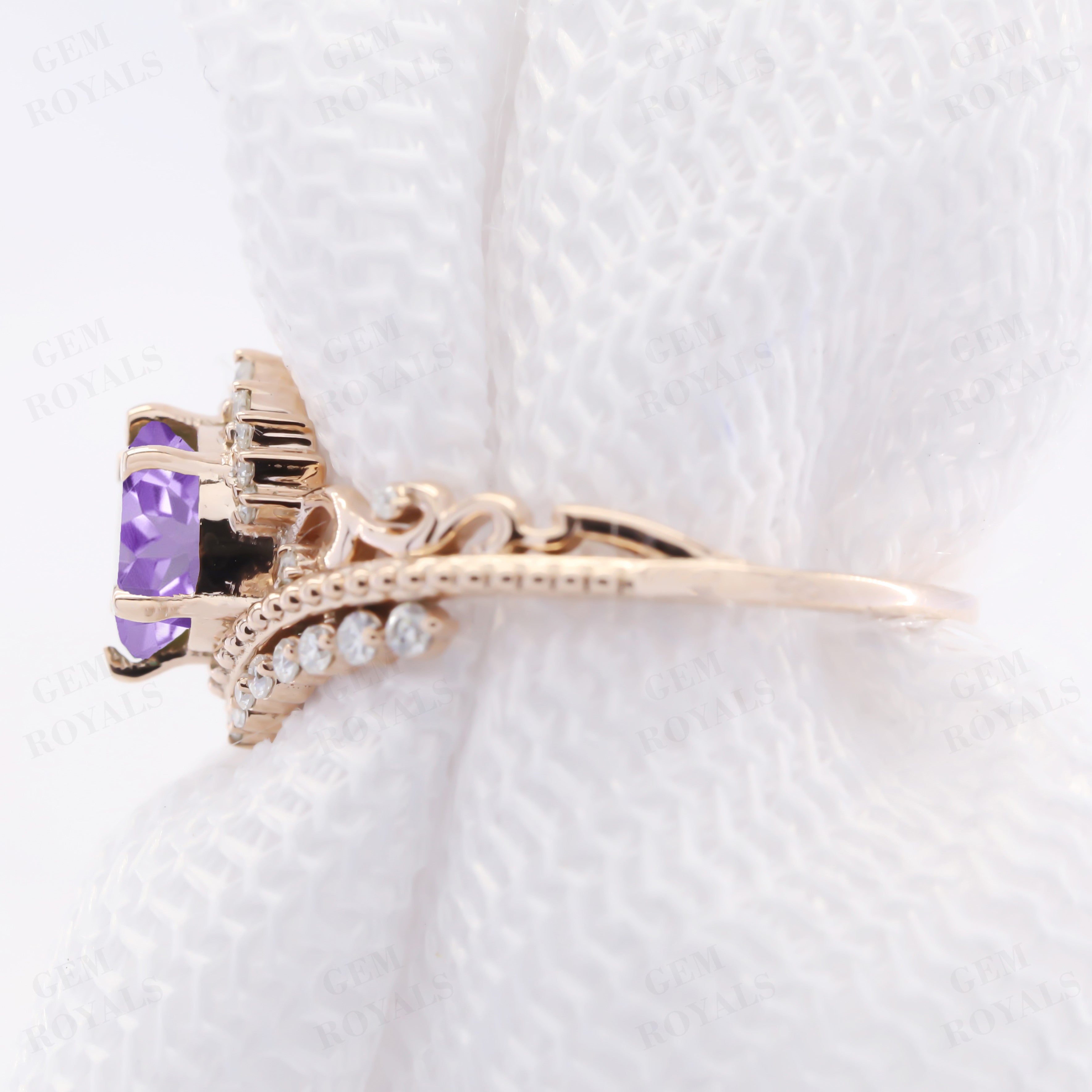 Art Deco Chevron style Round Amethyst Engagement Ring