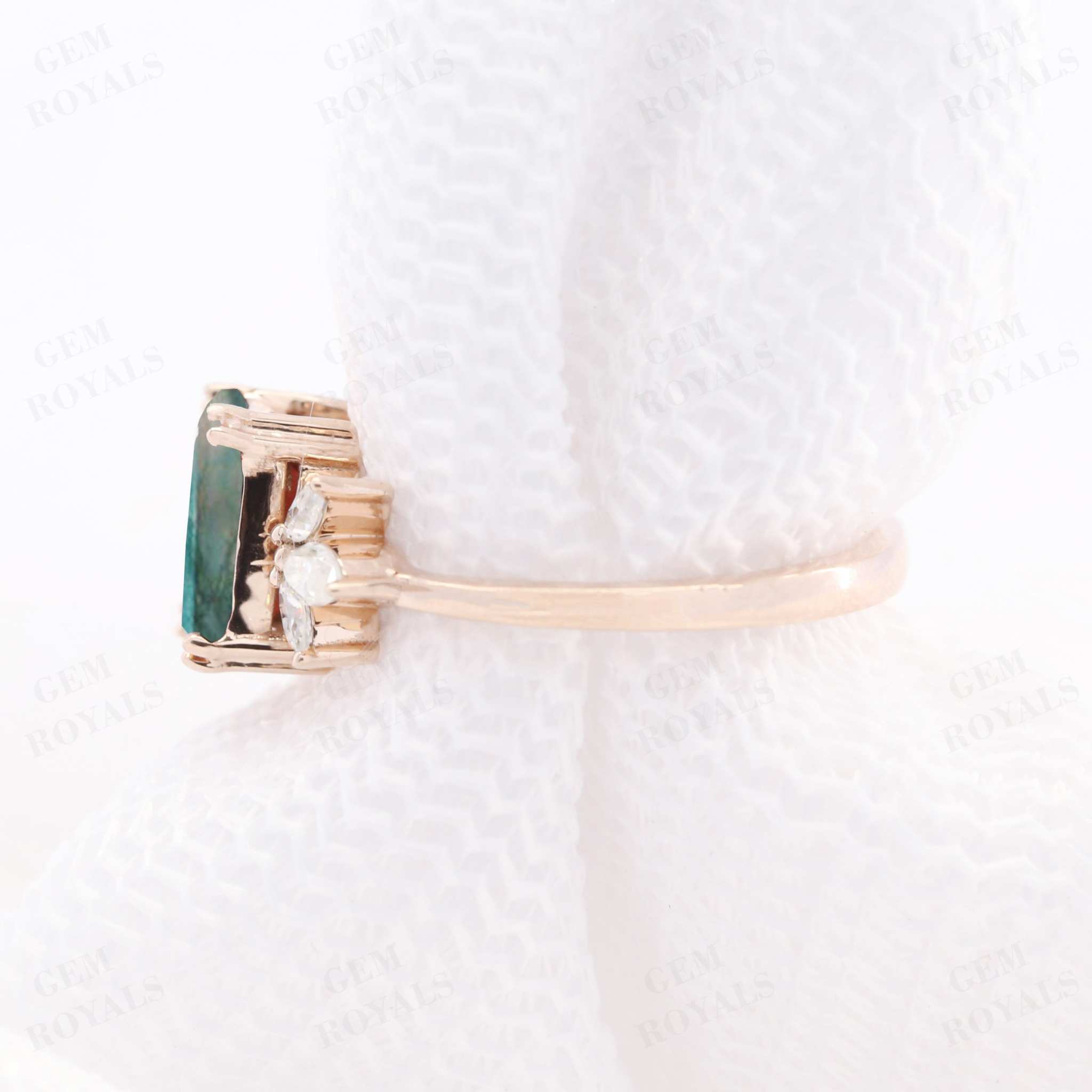 Cluster Emerald Cut Natural Moss Agate Engagement Ring