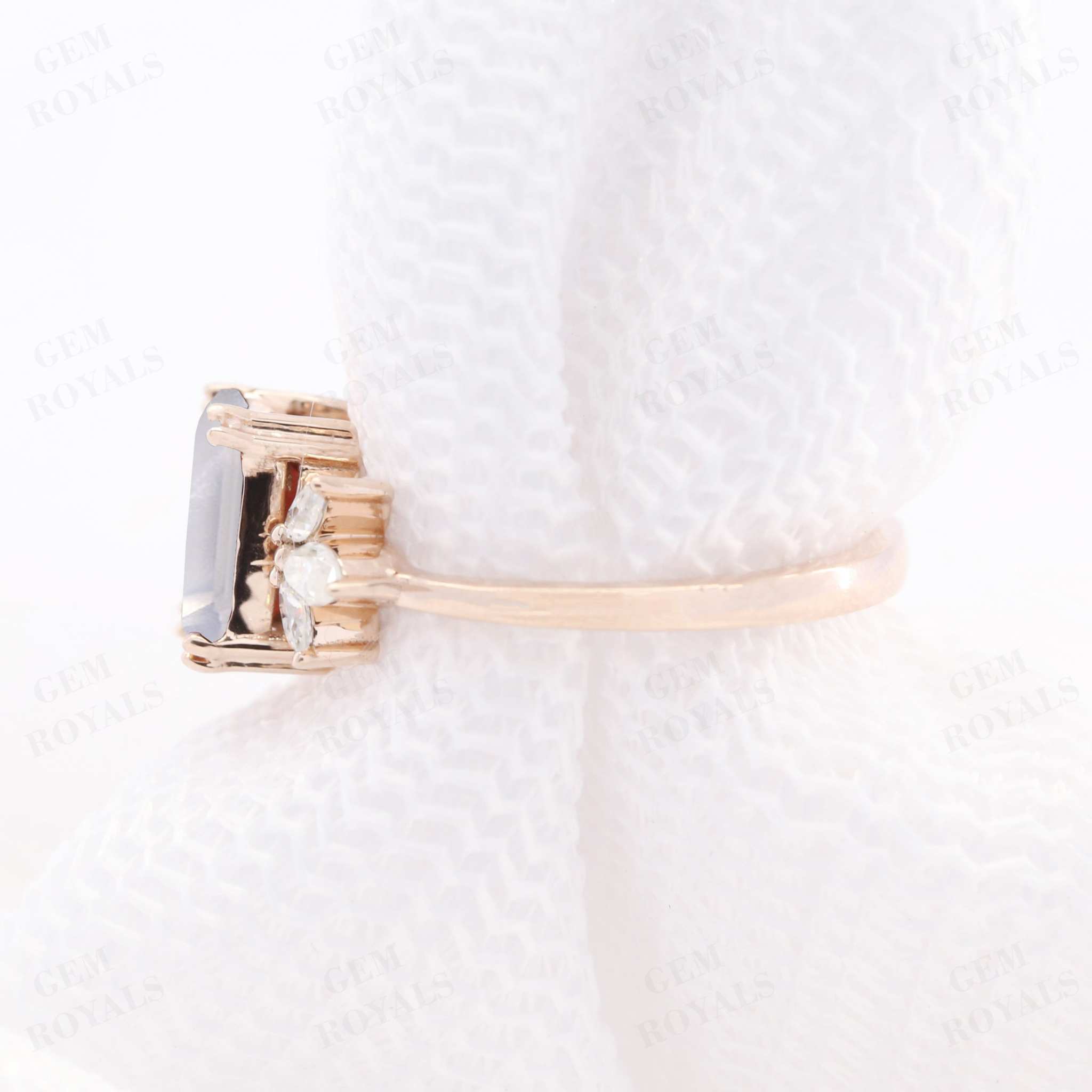 Cluster Emerald Cut Rainbow Moonstone Engagement Ring