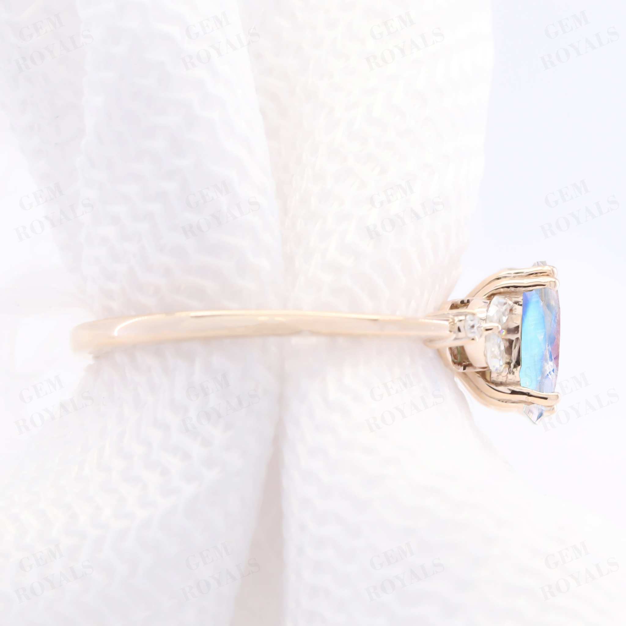 Cluster Oval Cut Rainbow Moonstone Engagement Ring