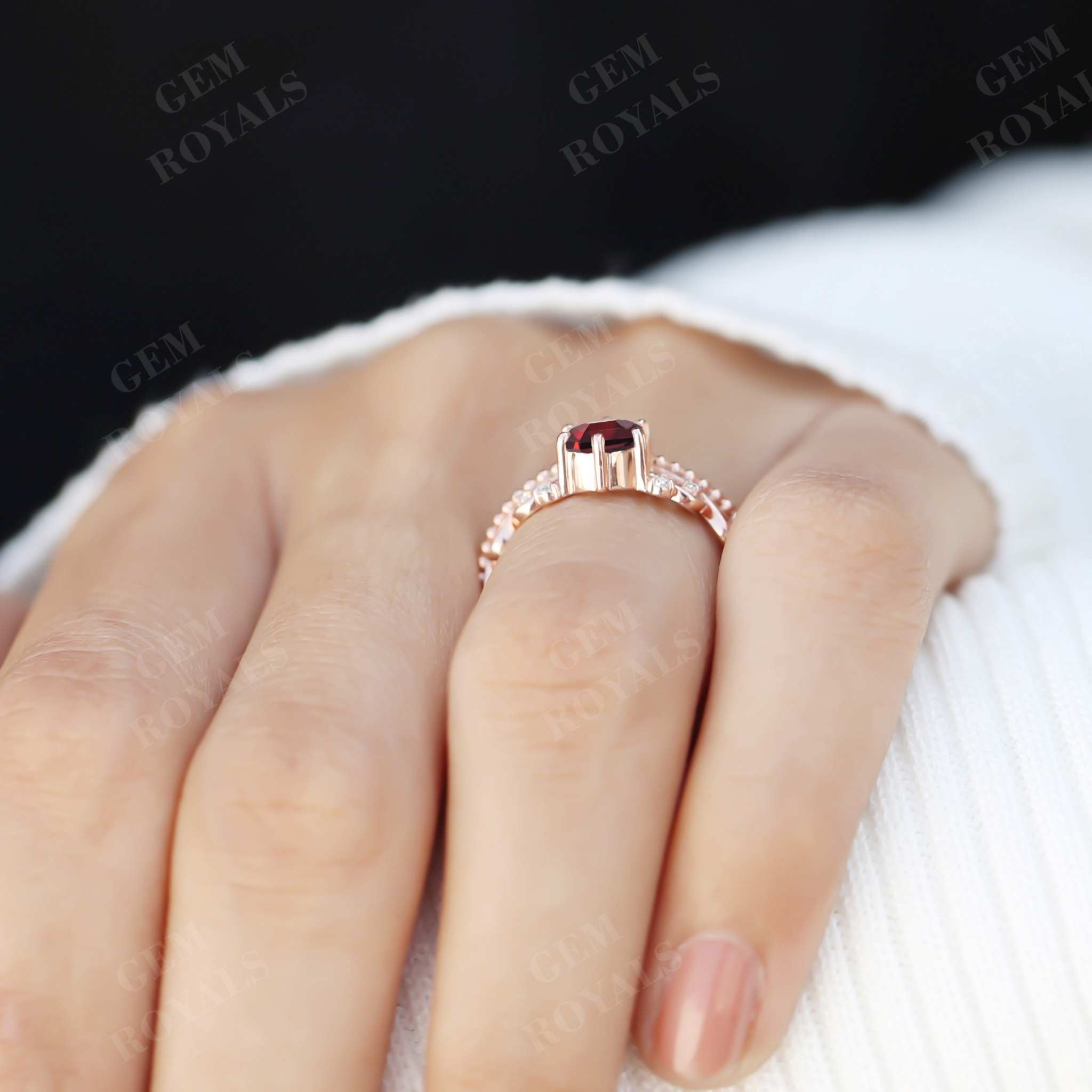 Round Red Garnet Engagement Vintage Chevron Ring