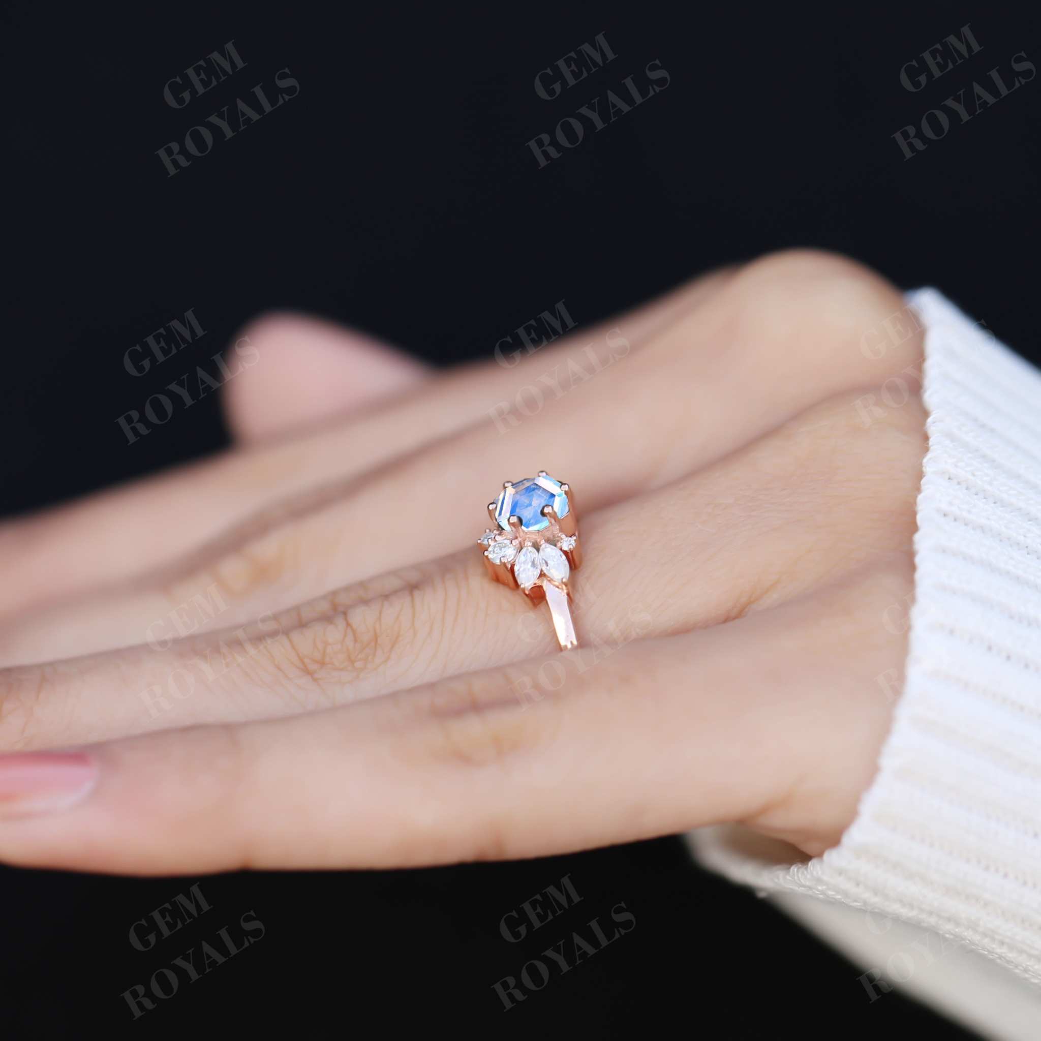 Art Deco Hexagon Cut Rainbow Moonstone Engagement Ring